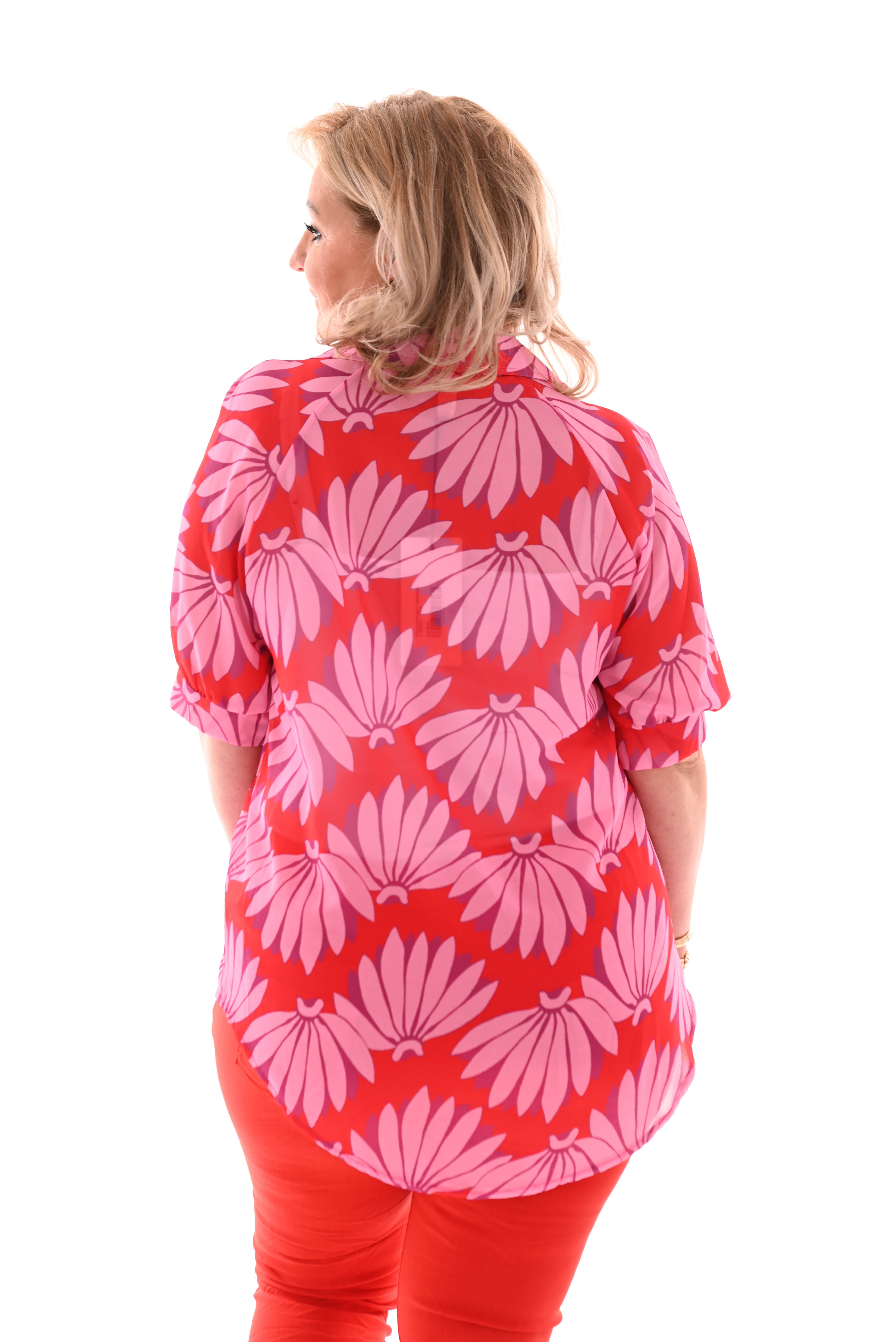 Blouse pofmouwen v-hals bloemen rood/roze