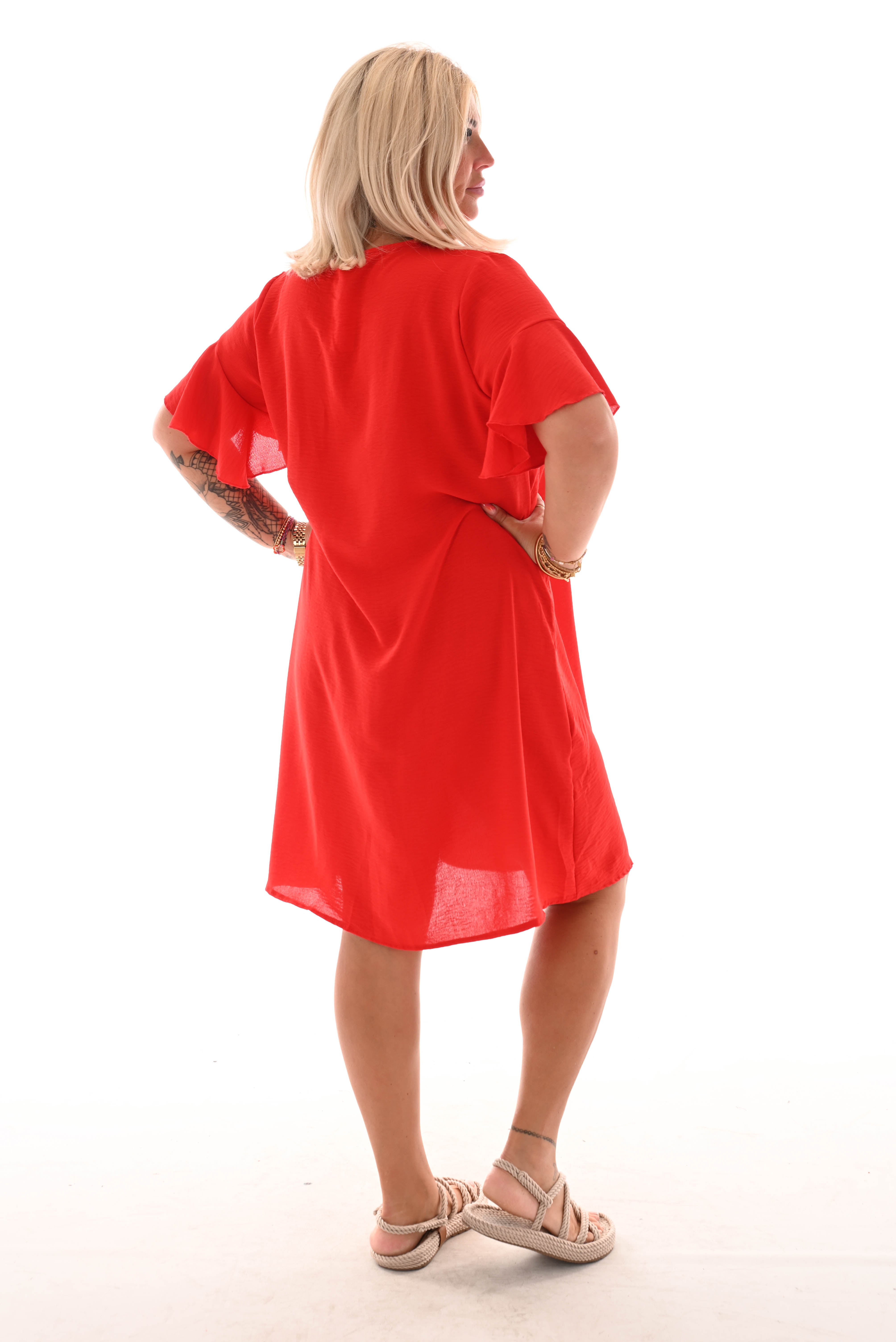 Jurk v-hals roezelmouwen uni rood