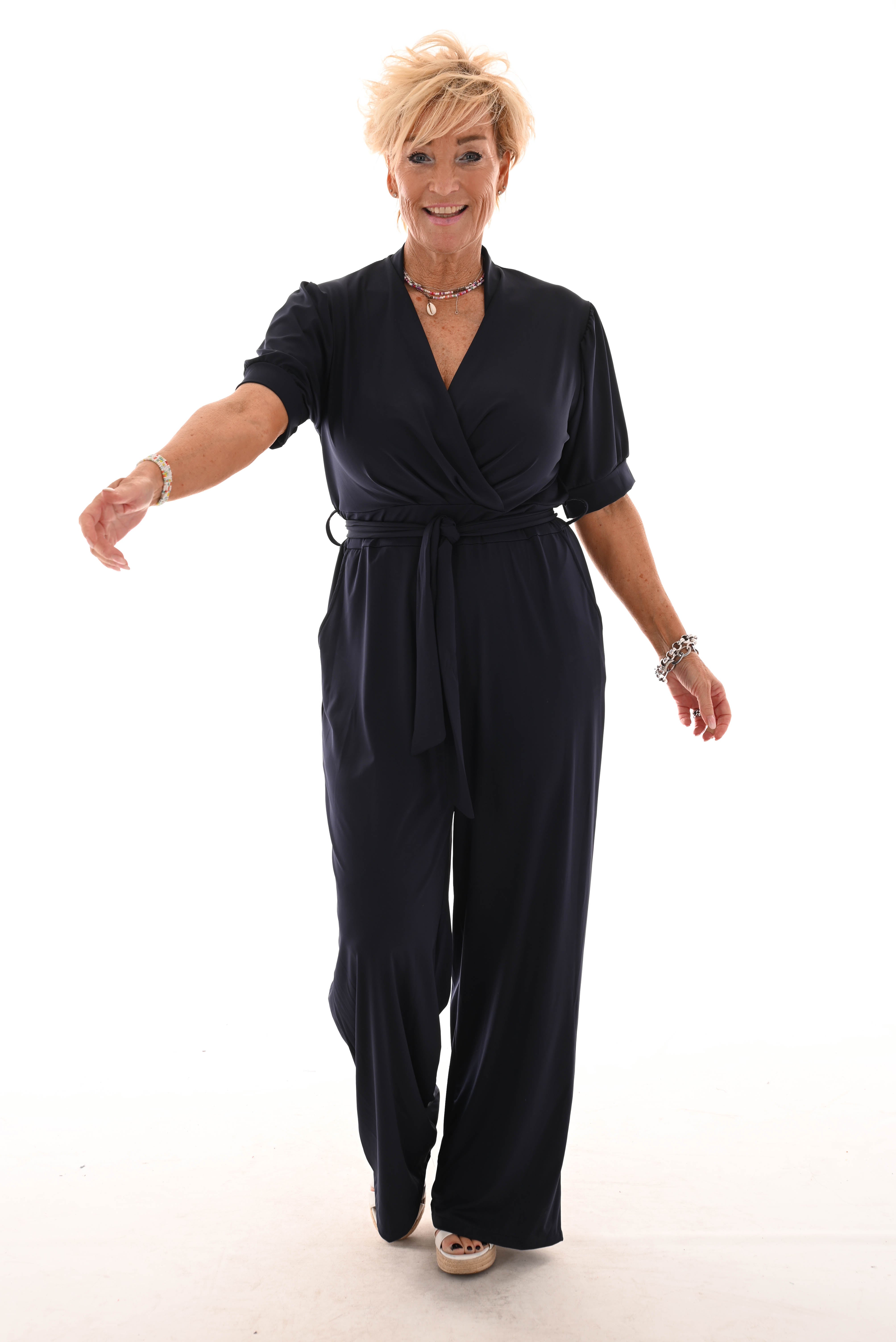 Jumpsuit overslag met strik uni marineblauw