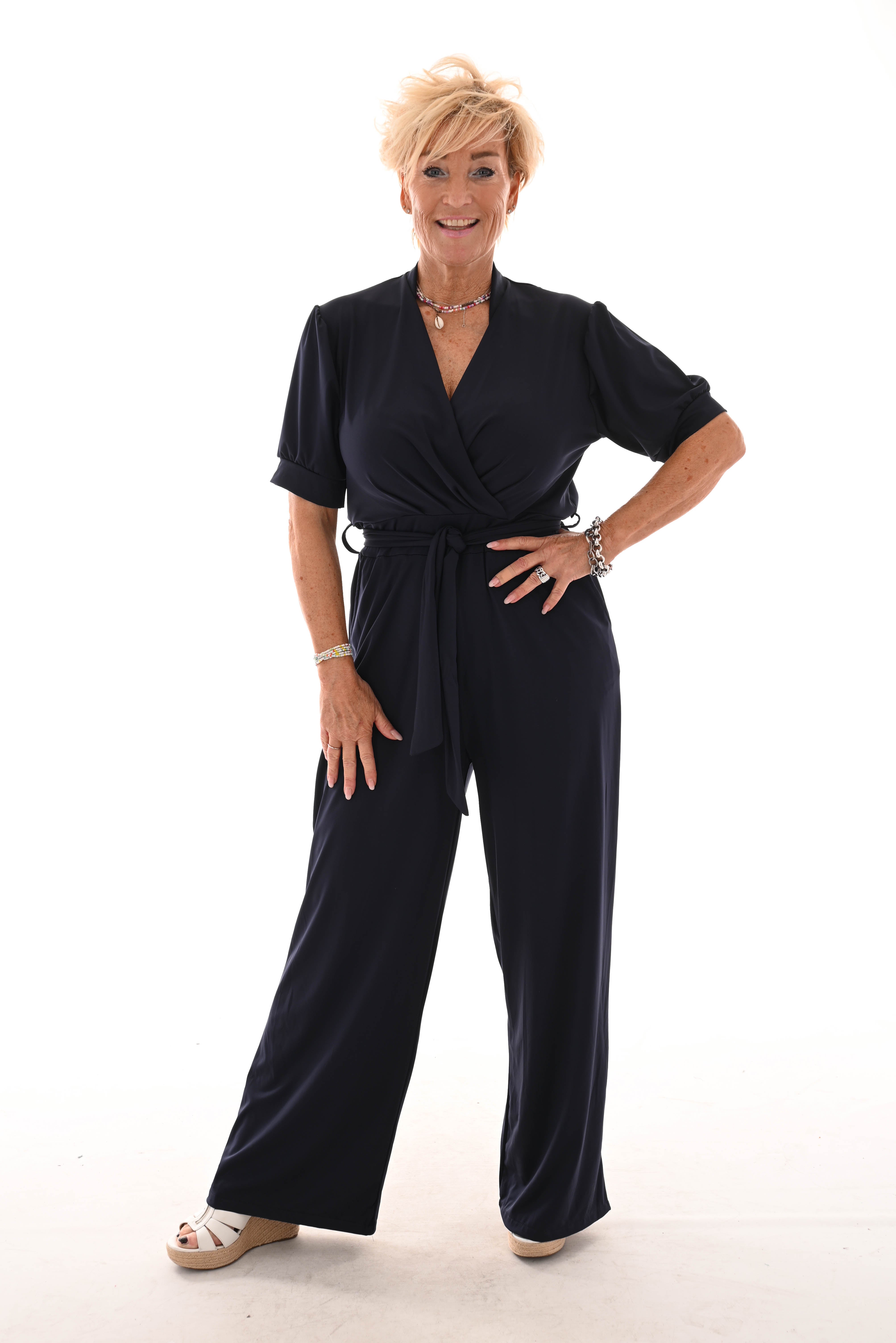 Jumpsuit overslag met strik uni marineblauw