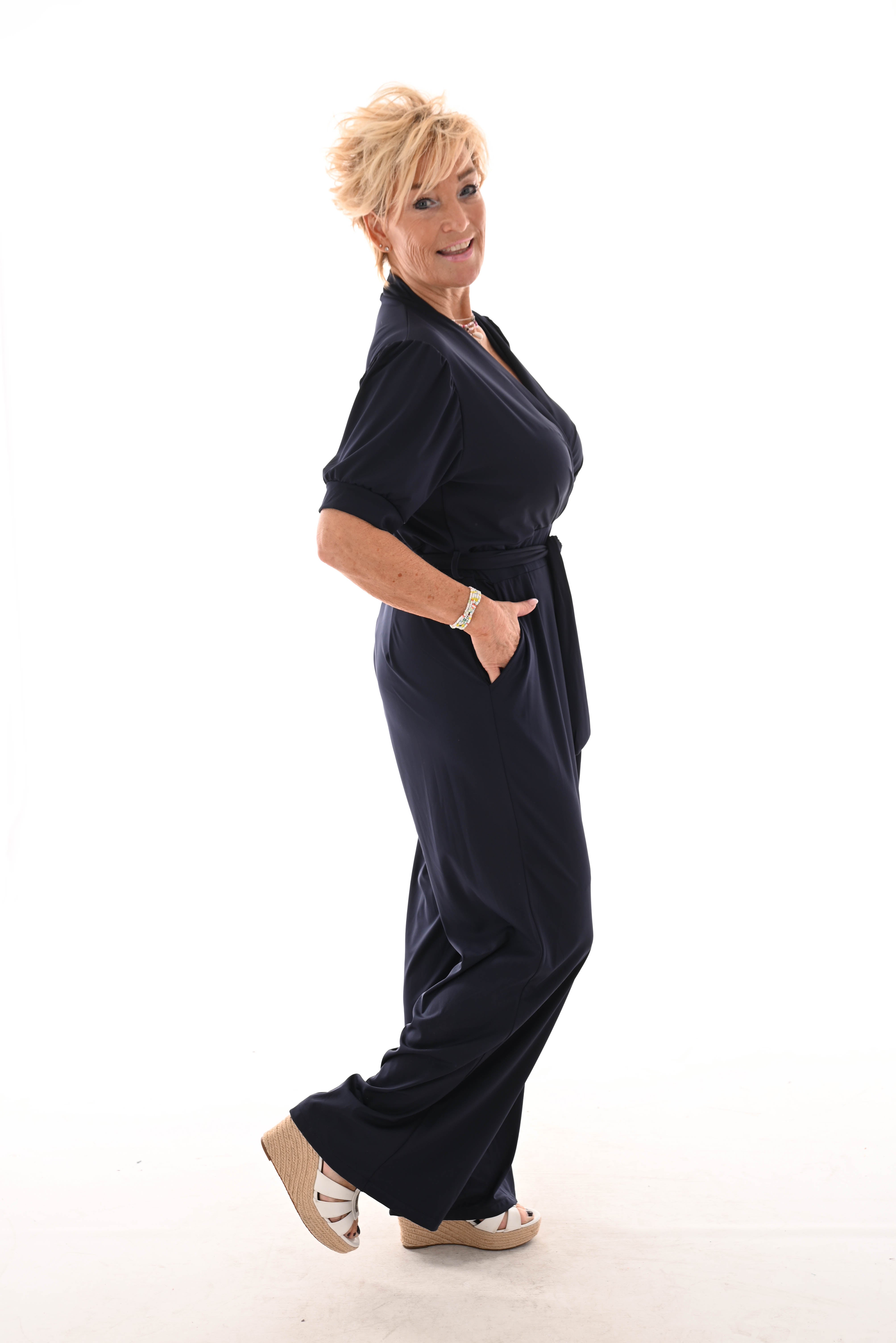 Jumpsuit overslag met strik uni marineblauw