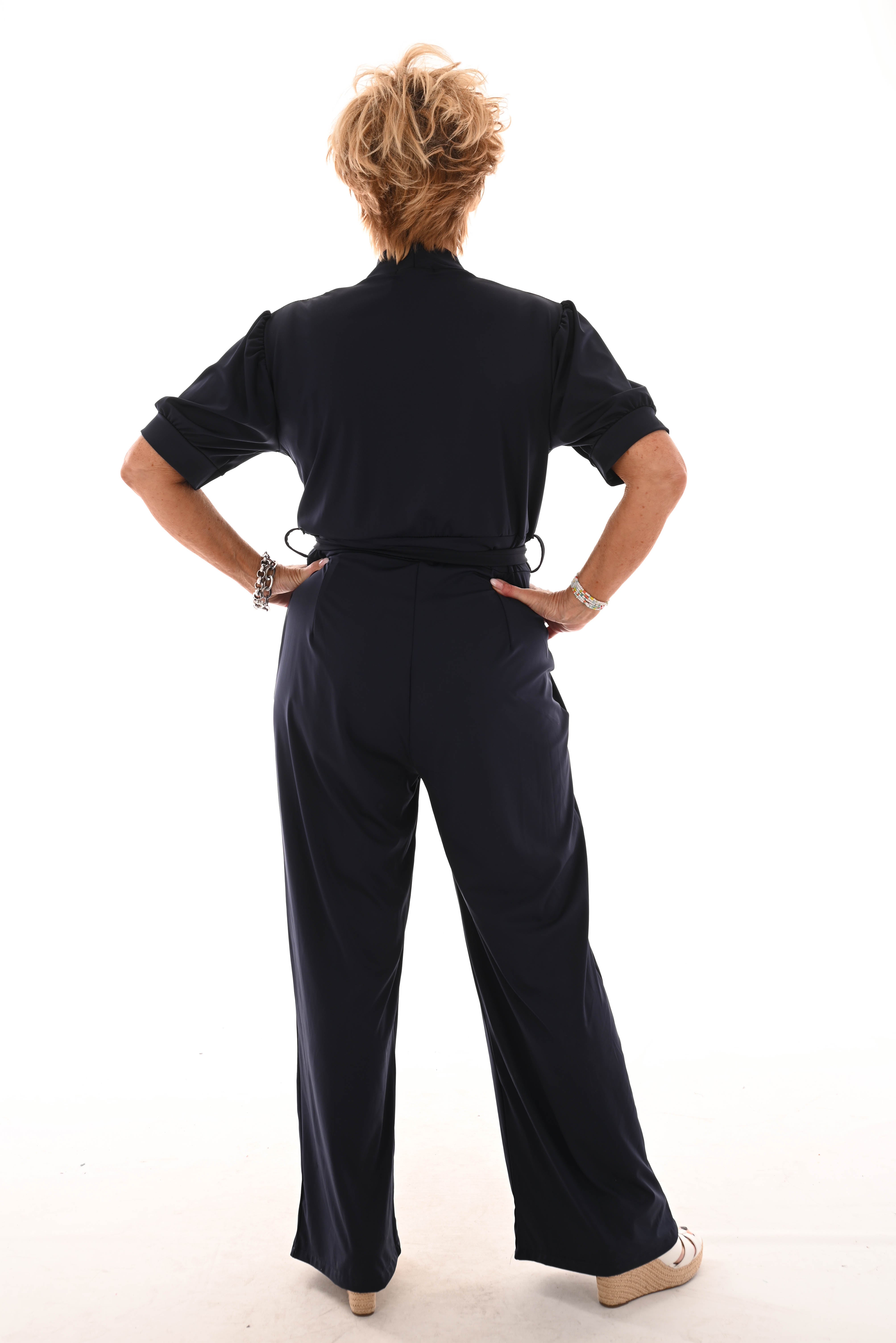 Jumpsuit overslag met strik uni marineblauw