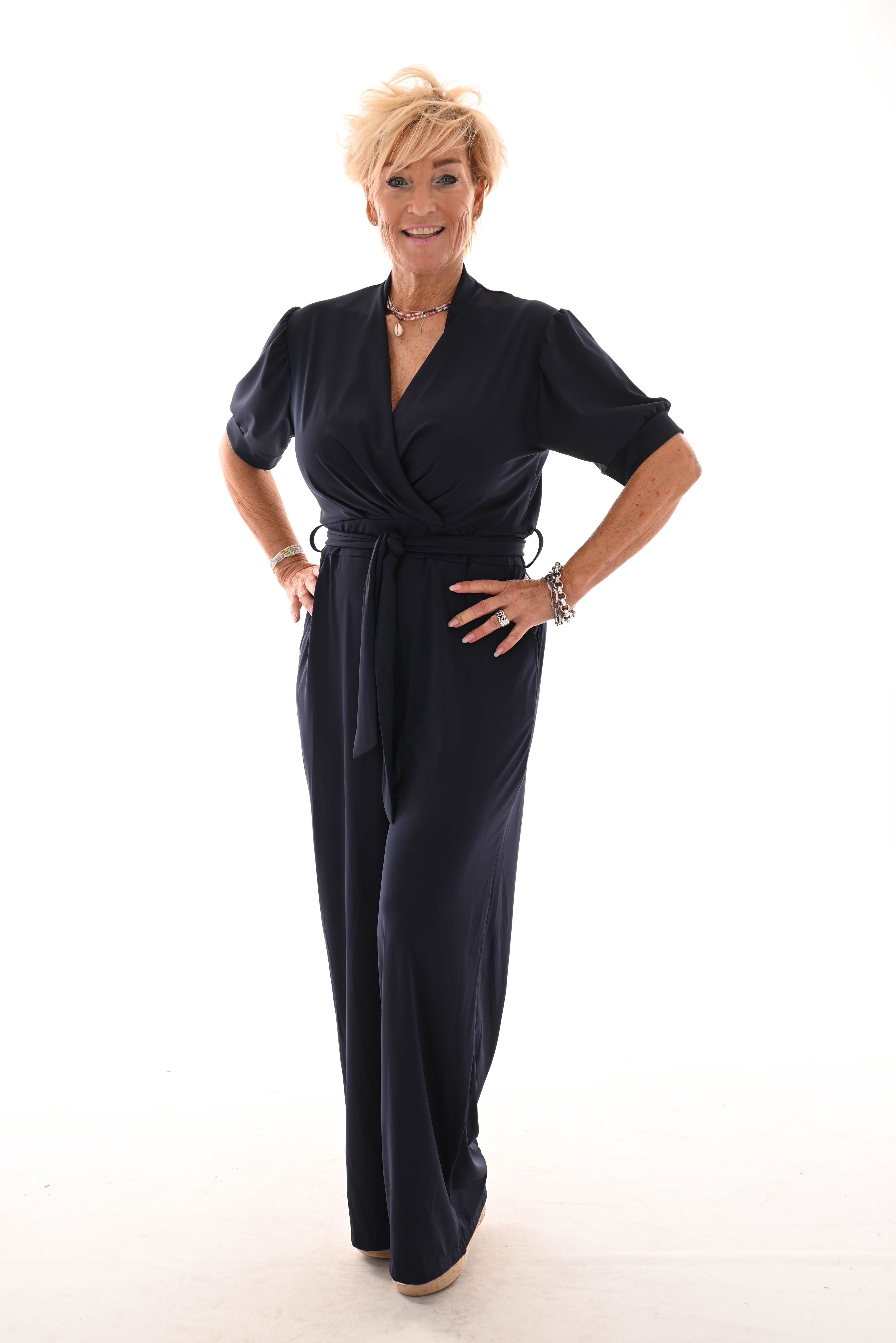 Jumpsuit overslag met strik uni marineblauw