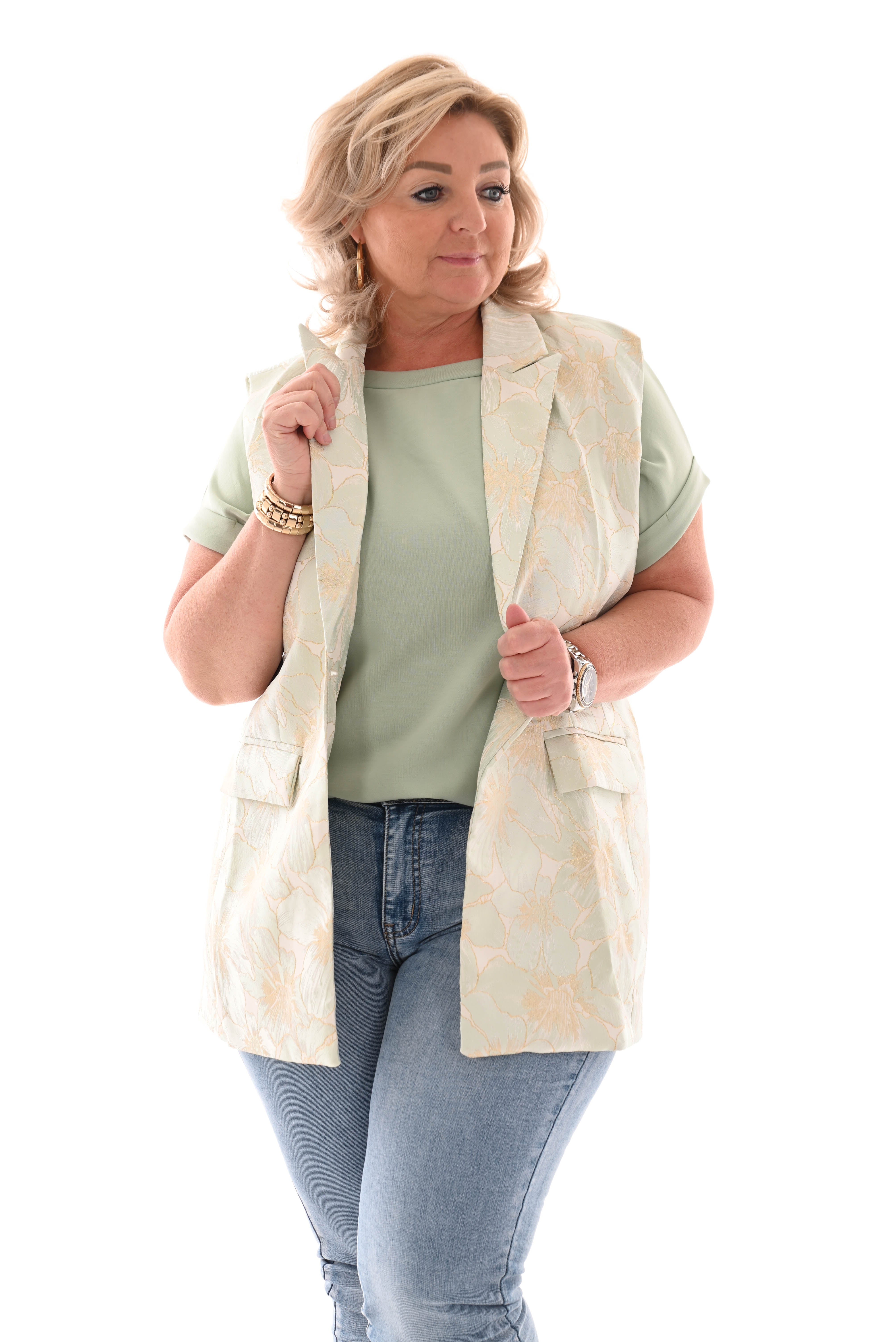 Gilet silky bloemen lichtgroen