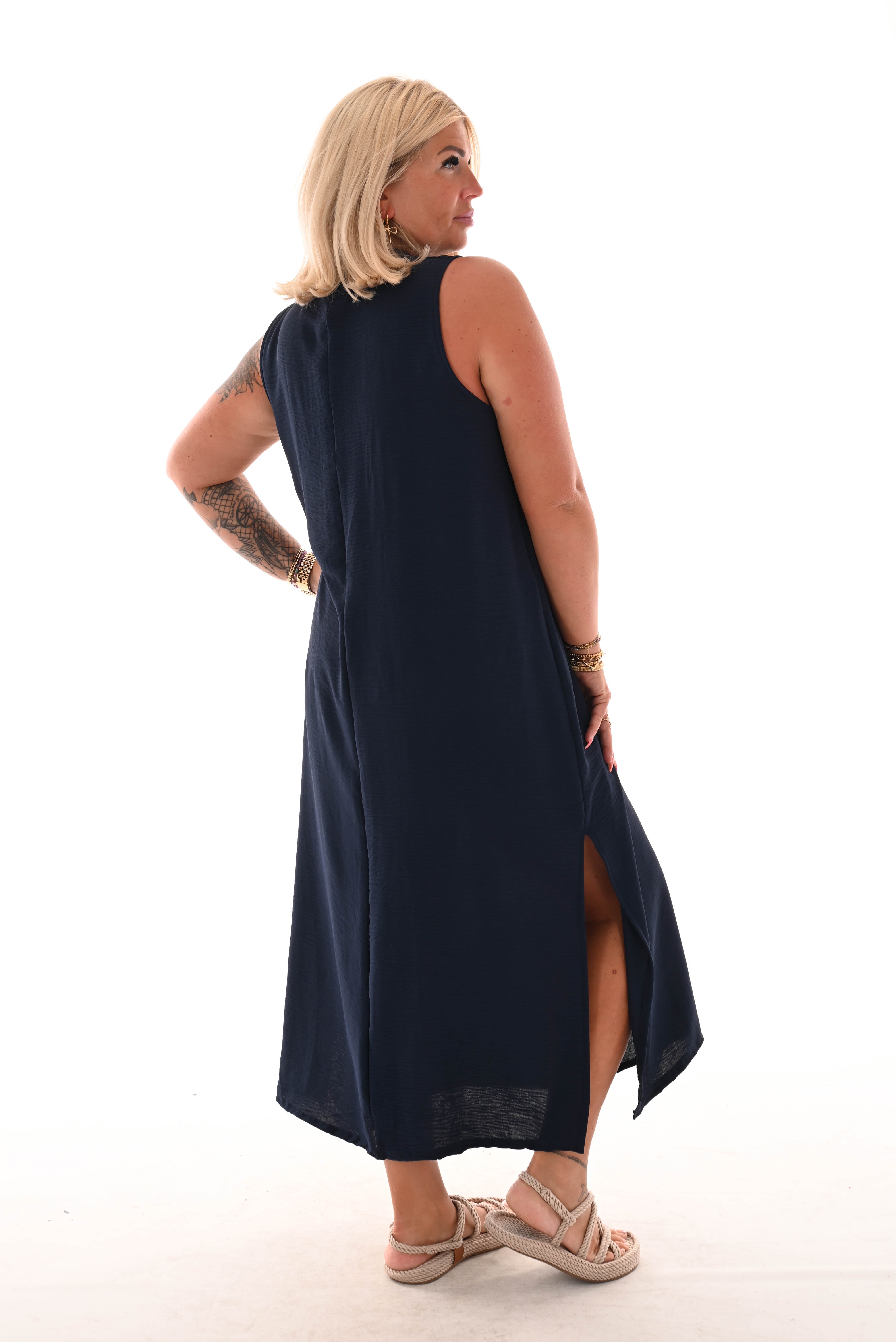 Mouweloze jurk v-hals uni marineblauw