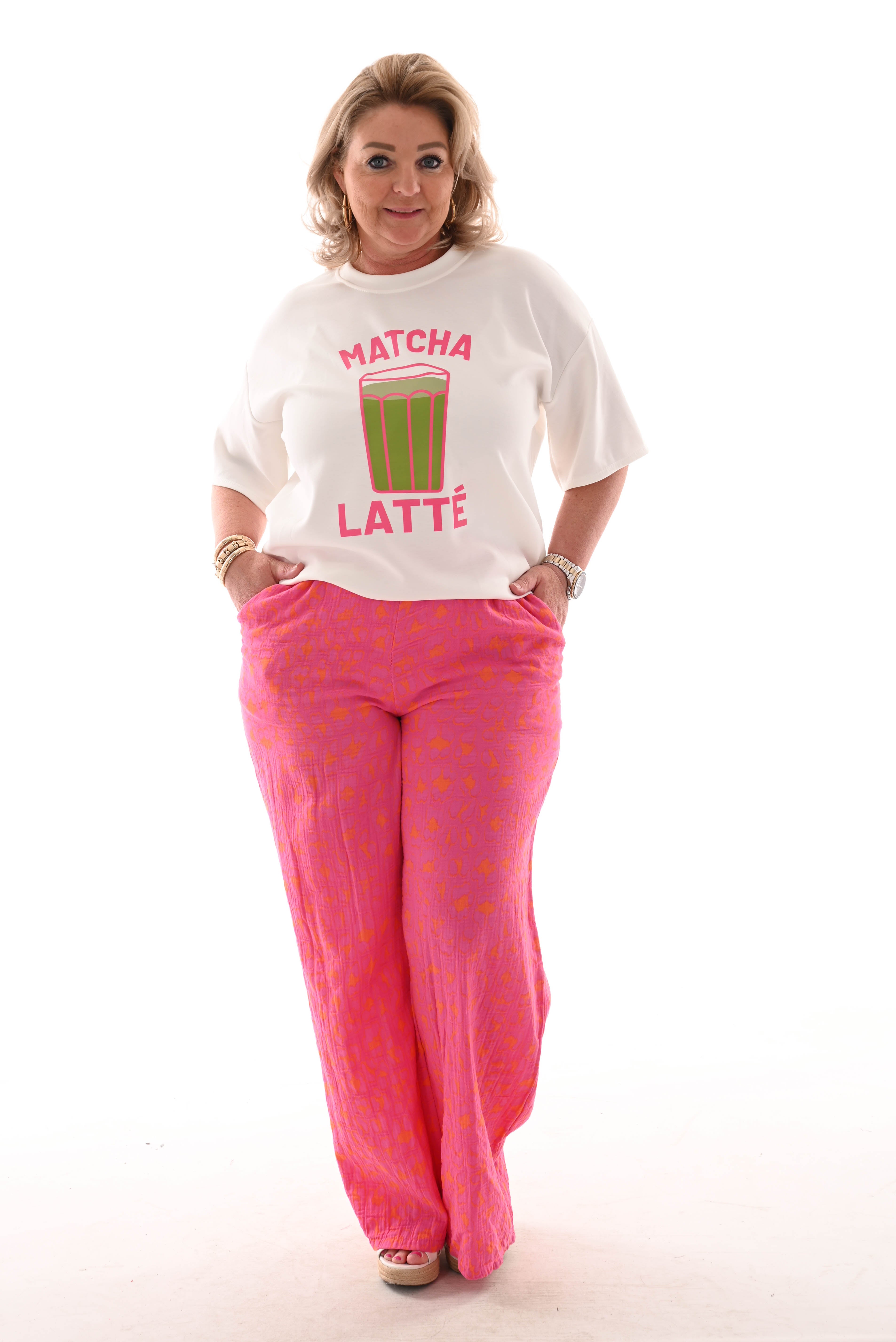 Katoenen wijde broek met panter roze/oranje