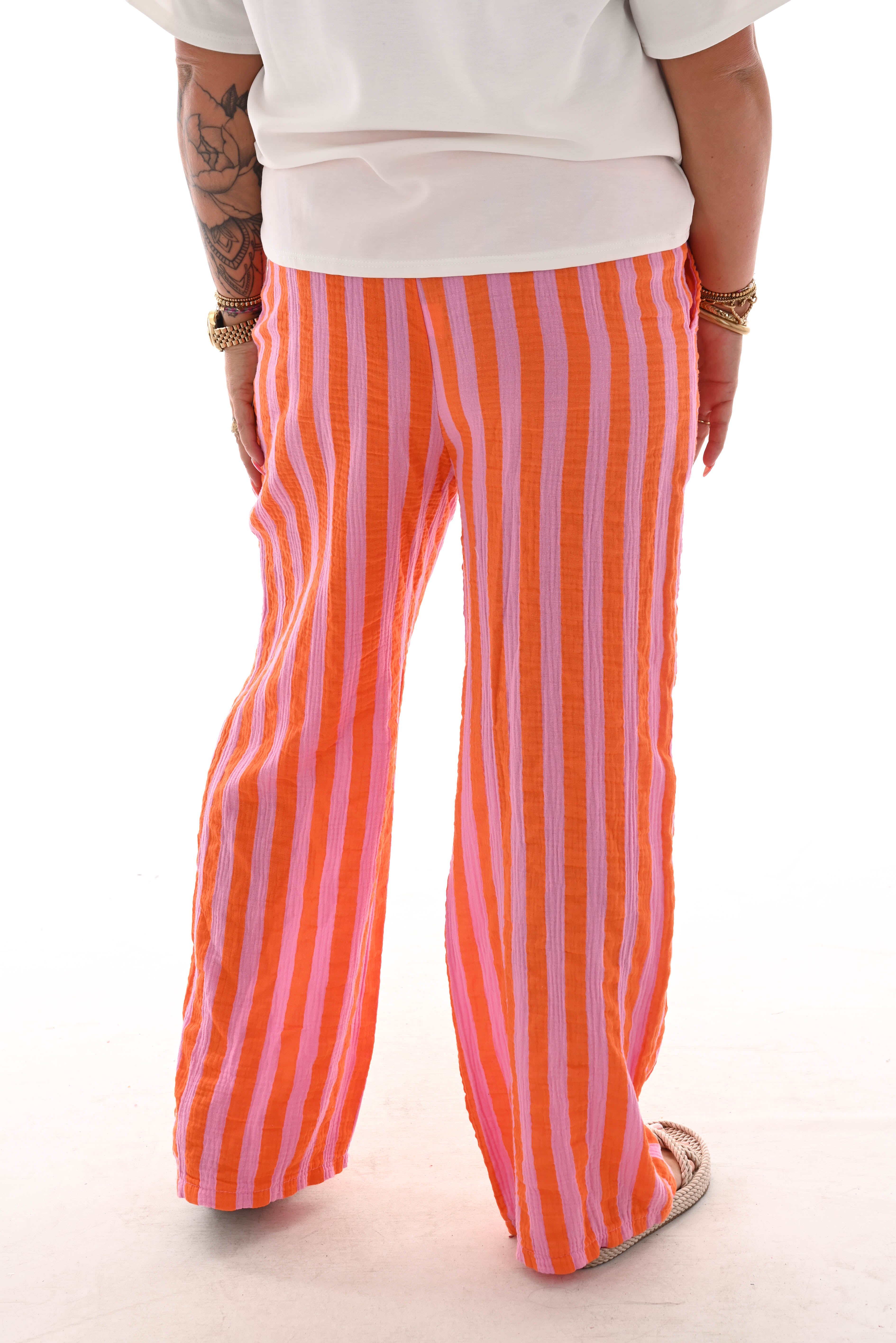 Katoenen wijde broek met strepen lichtroze/ oranje
