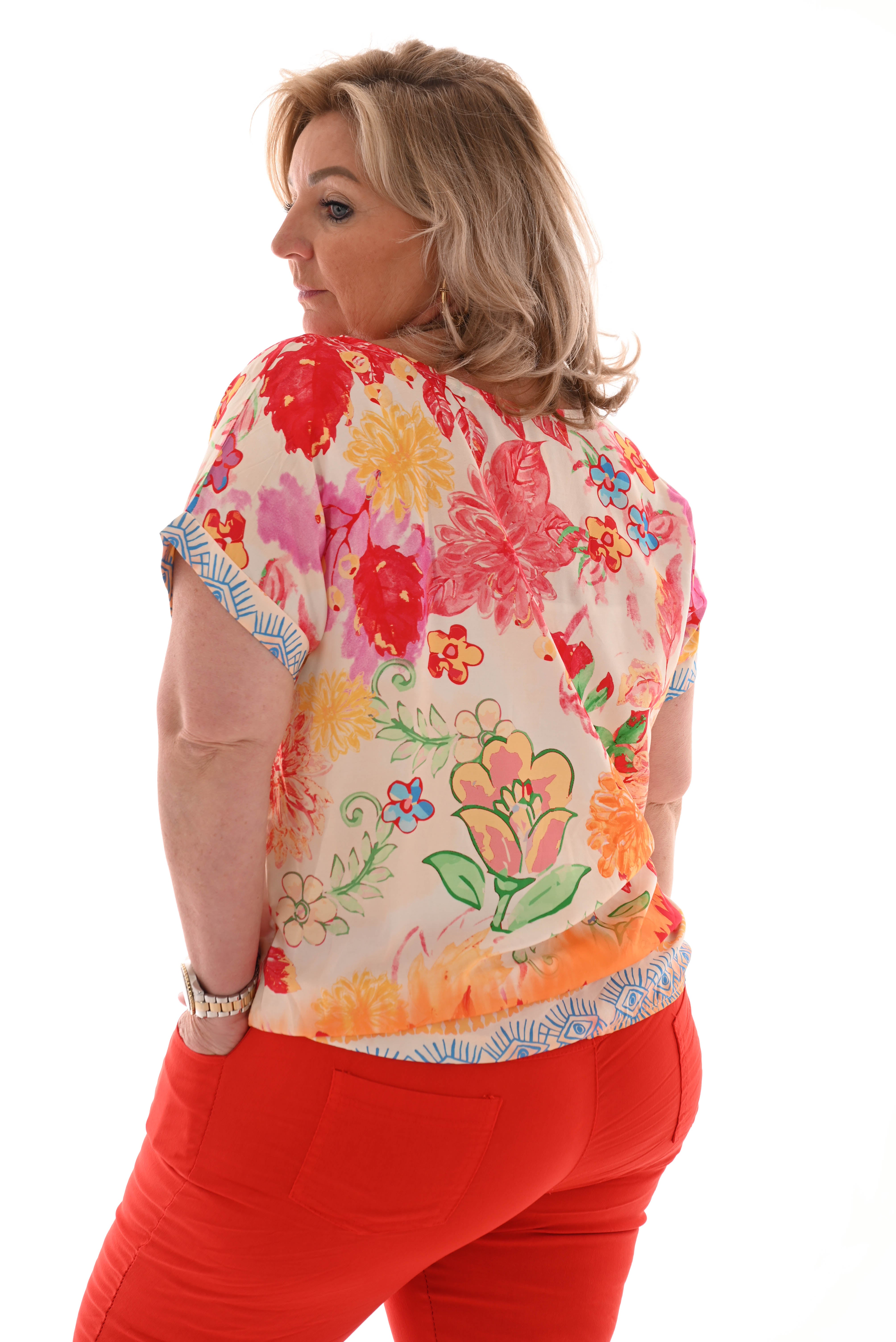 Top viscose ronde hals bloemen roze/oranje