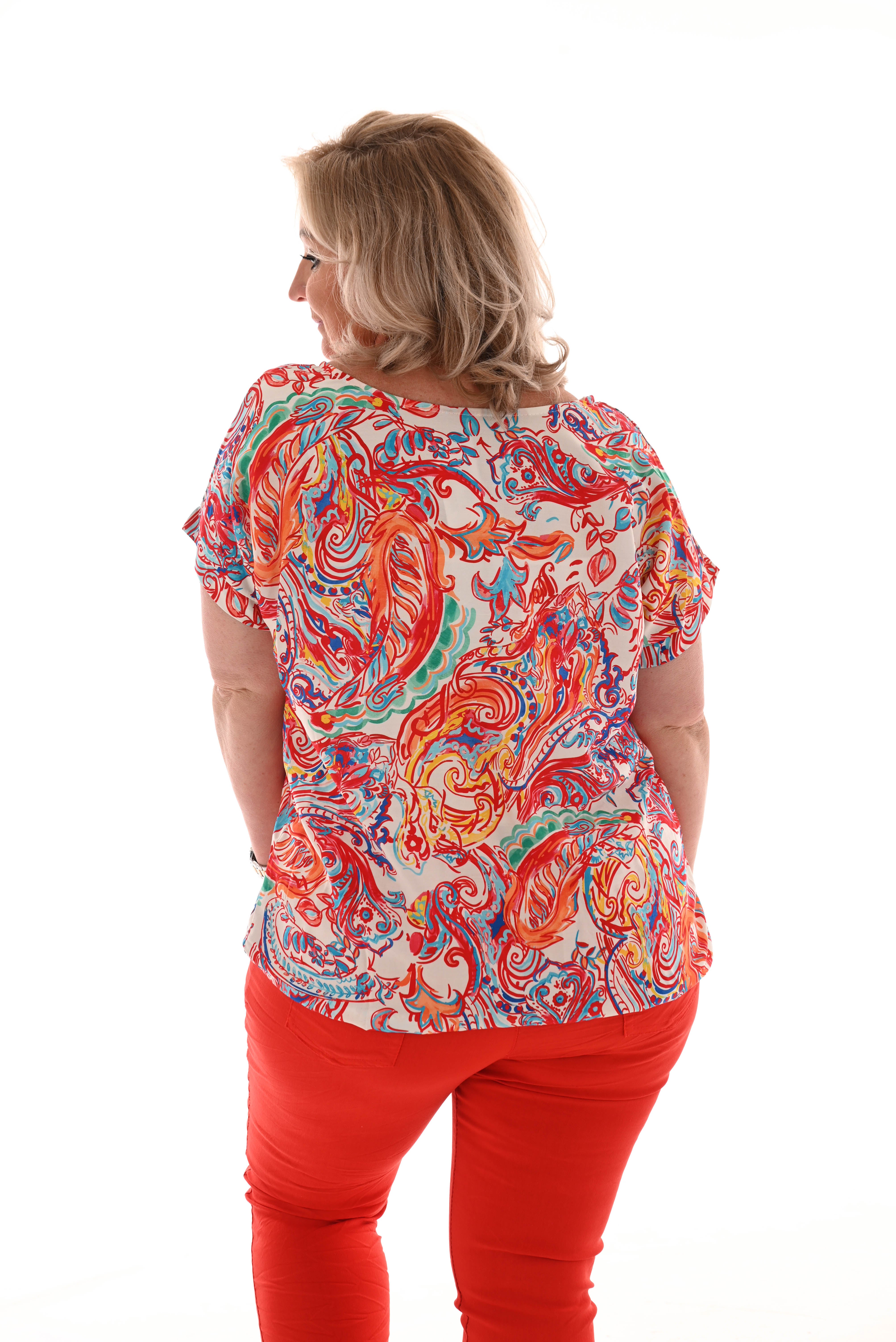 Top viscose ronde hals barok paisley rood/wit