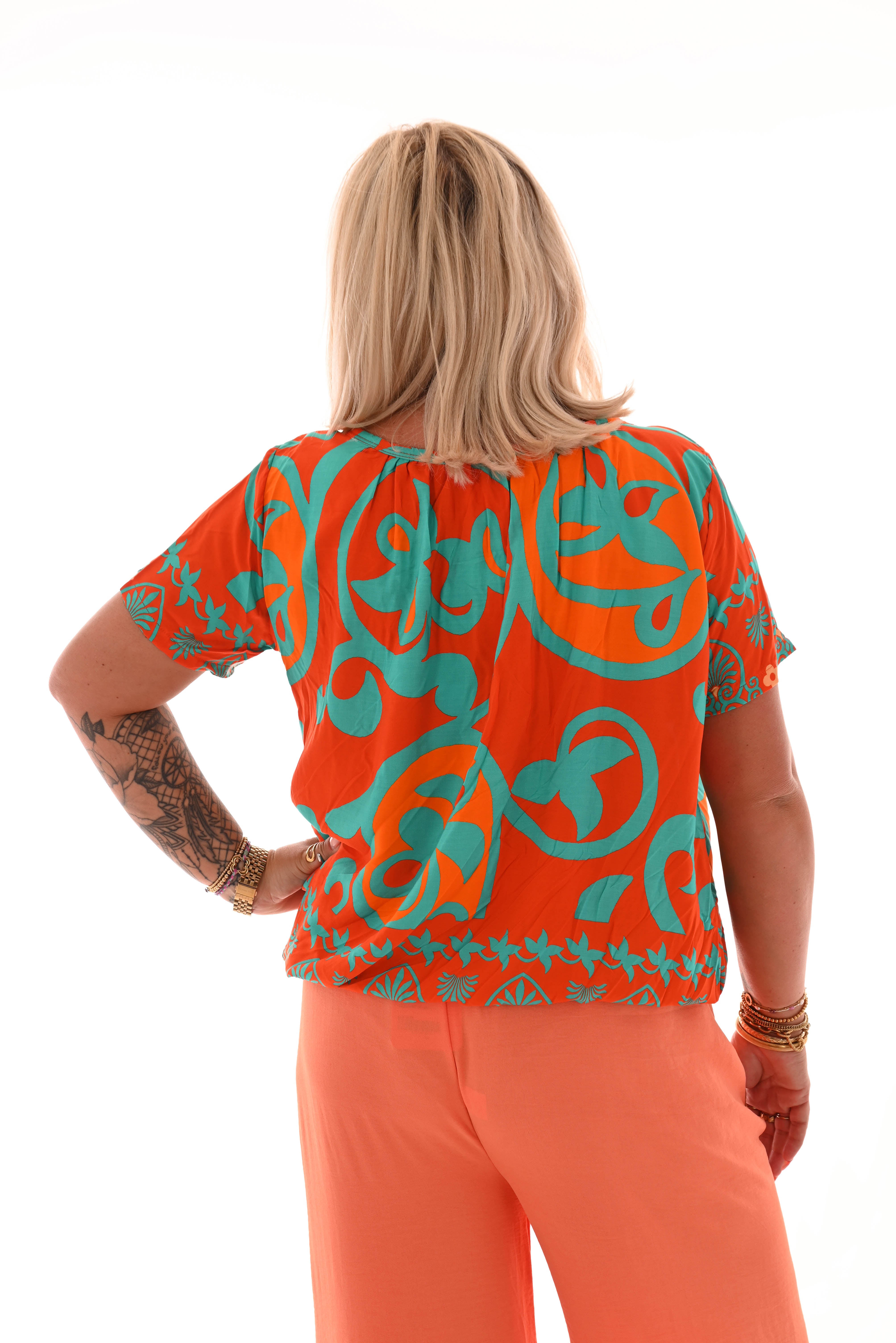 Ballon top blaadjes oranje/turquoise