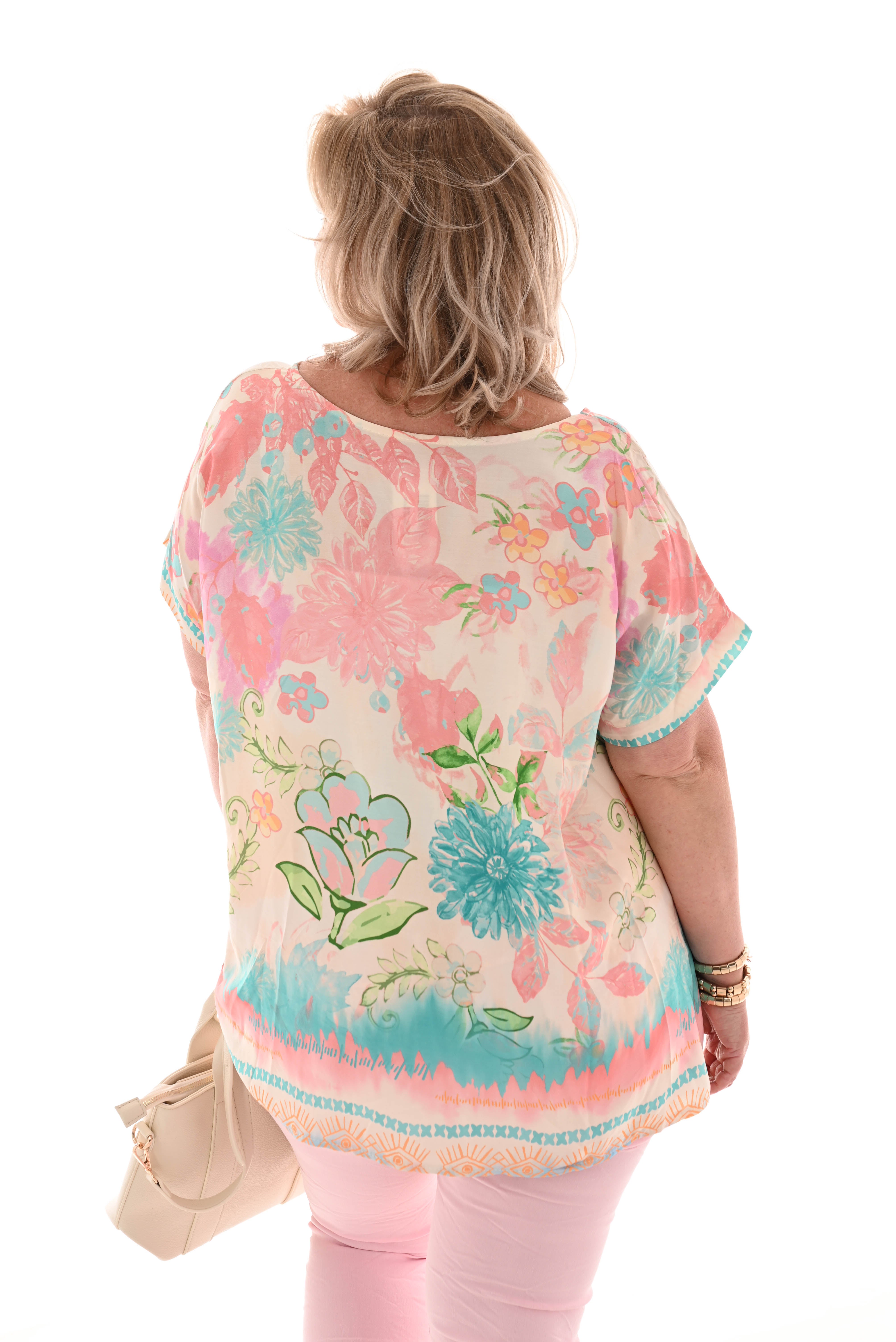 Top viscose ronde hals bloemen lichtblauw/ roze