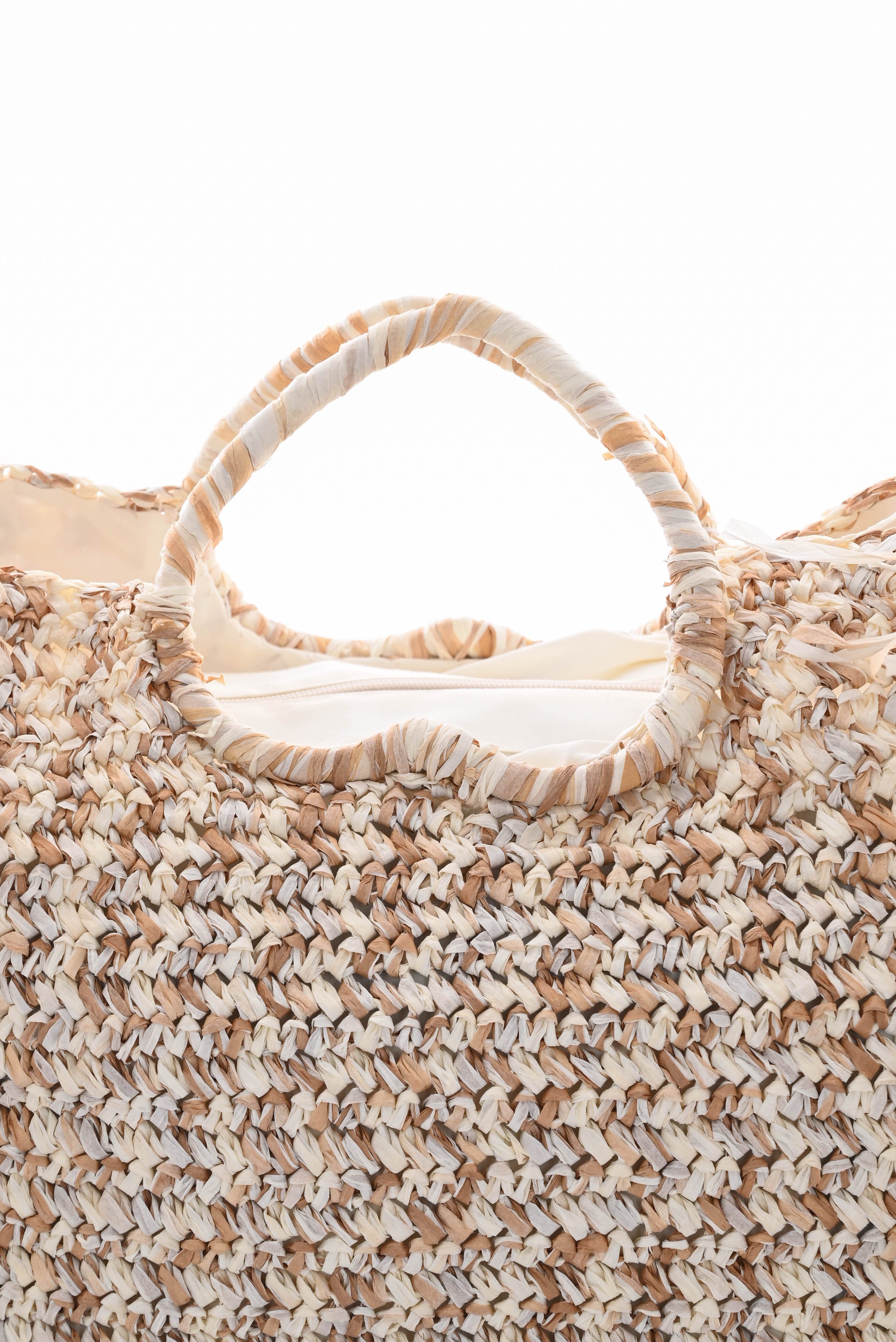 Geweven strandtas franjes creme/bruin