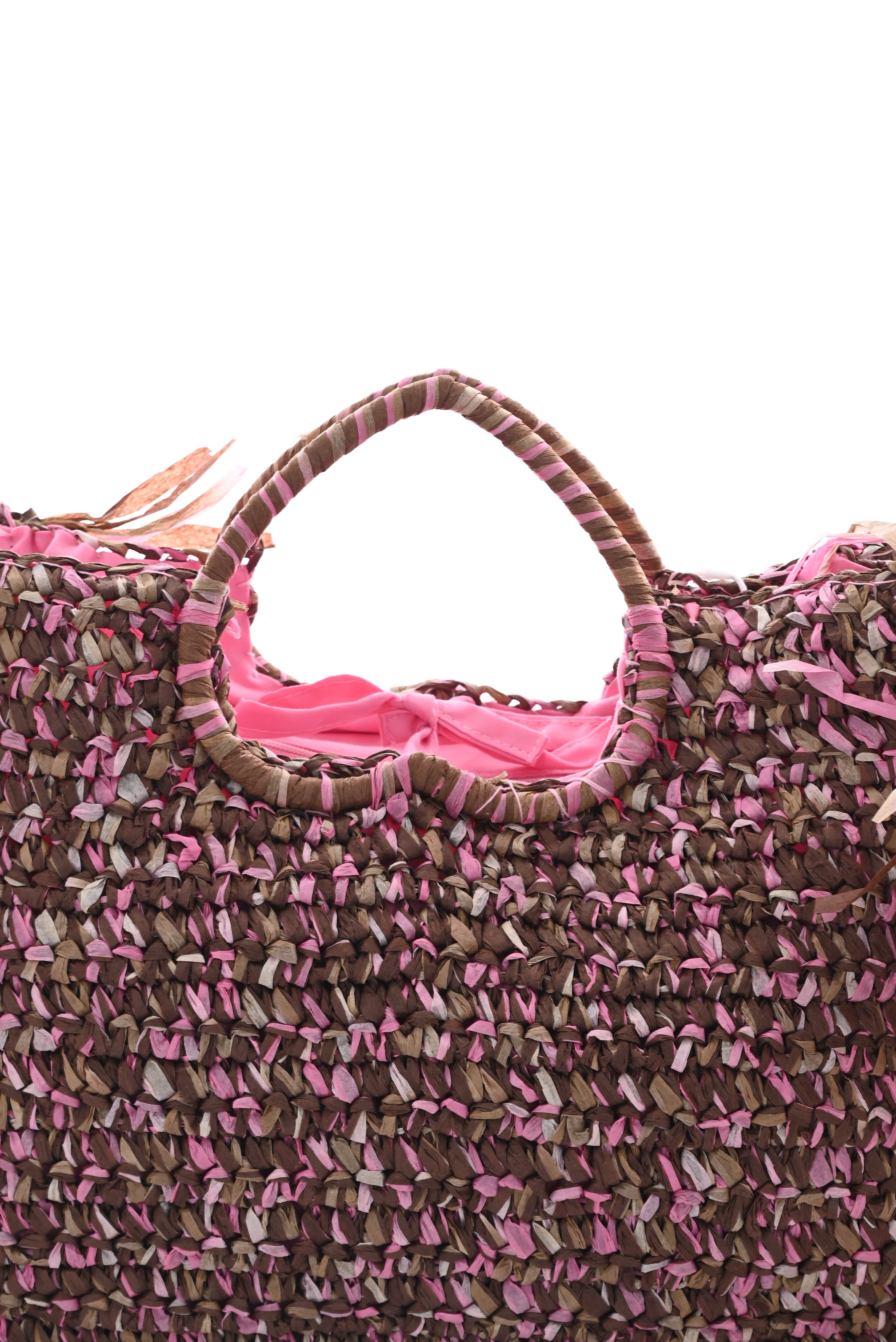 Geweven strandtas franjes bruin/roze