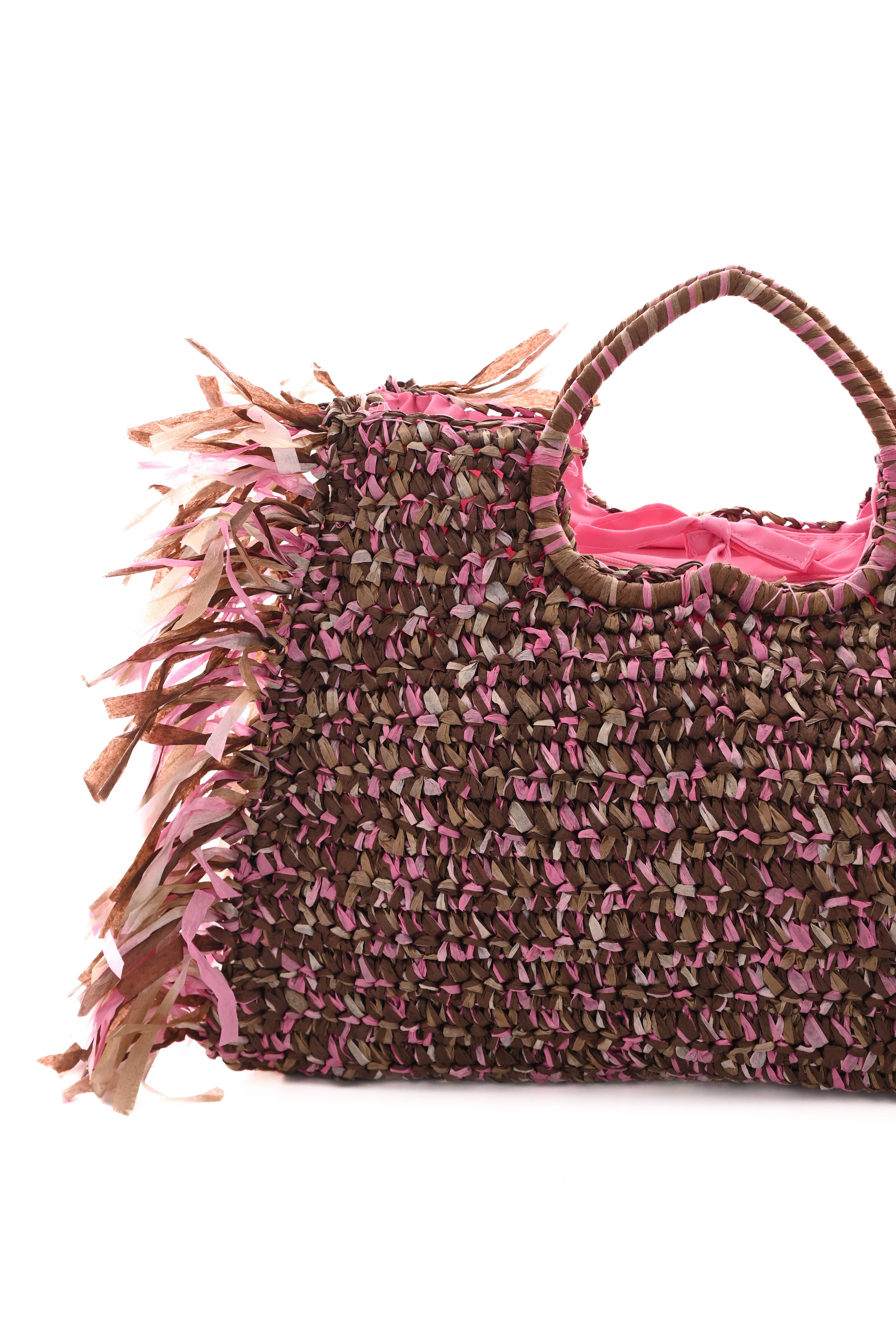 Geweven strandtas franjes bruin/roze