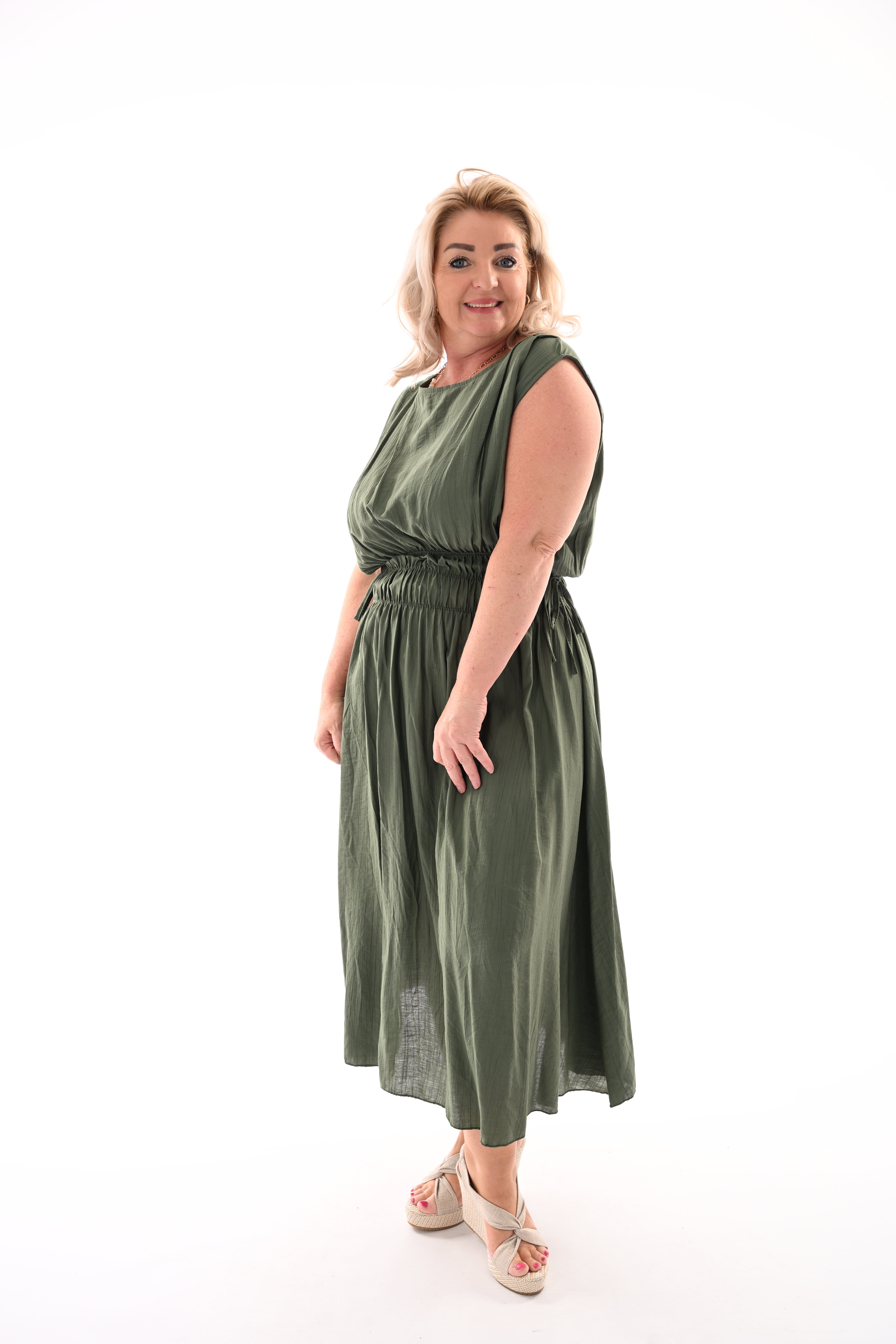 Lange jurk gedrapeerde taille legergroen