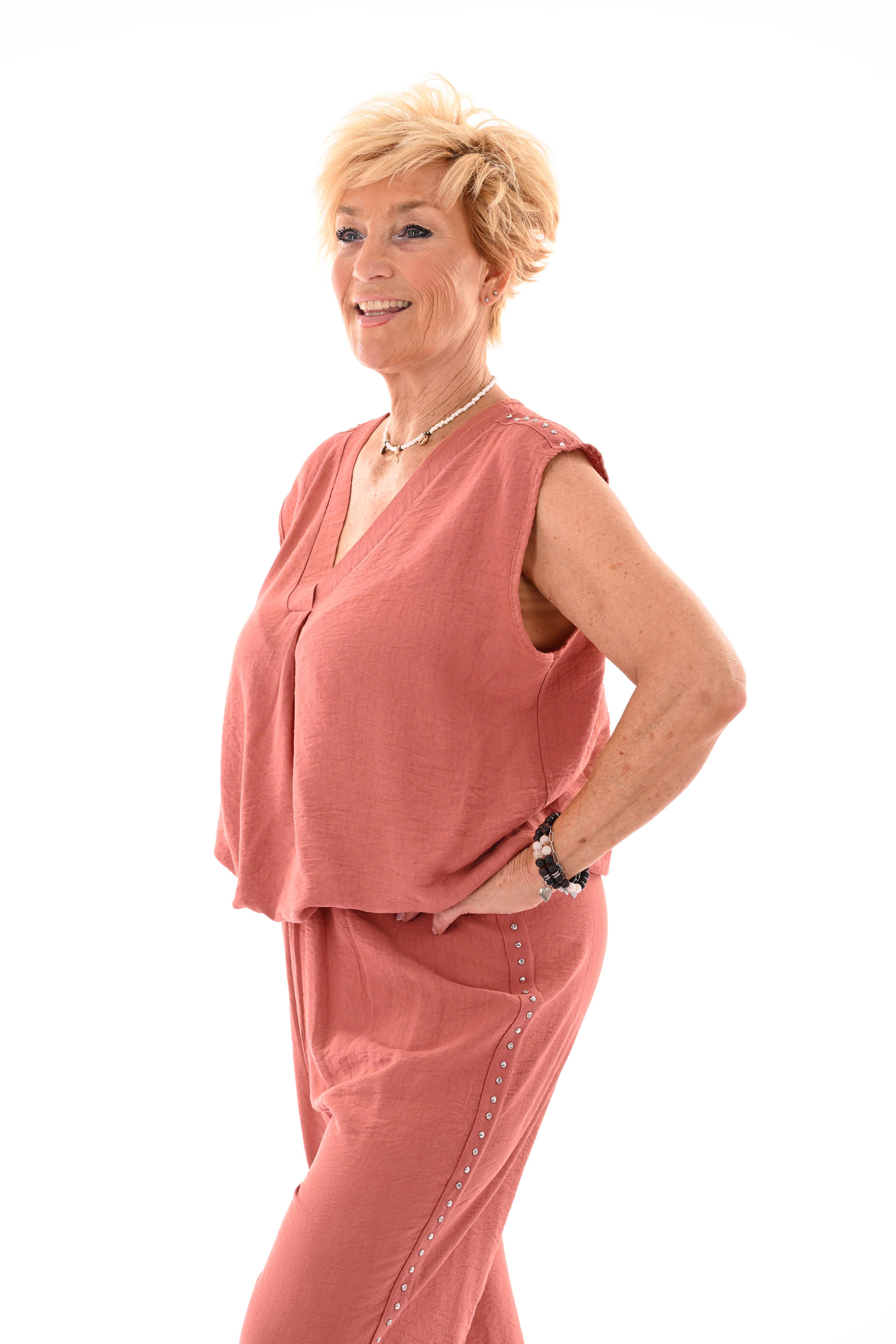 Tweedelig set korte pof top met studs zalm