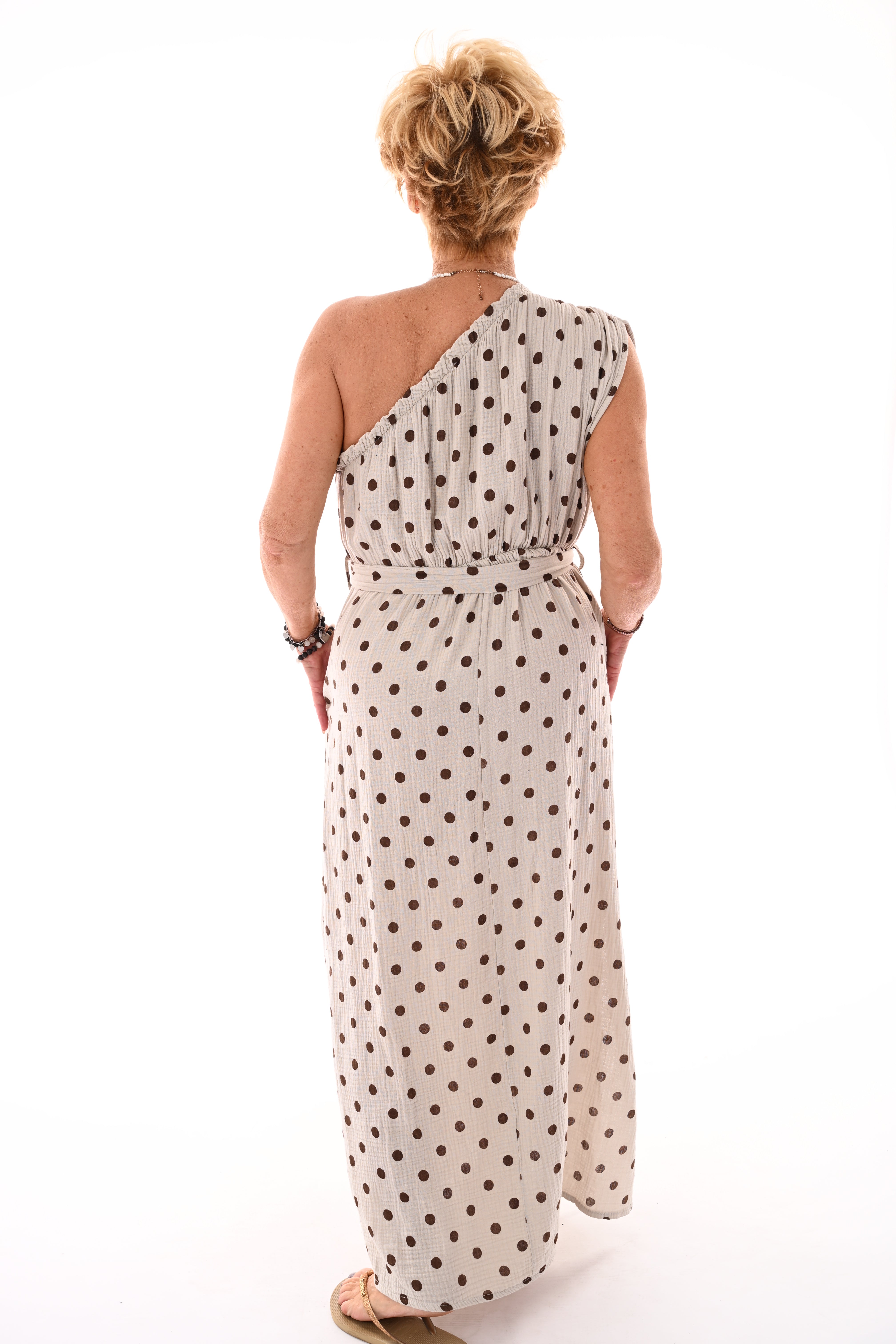 Jurk one-shoulder dots beige