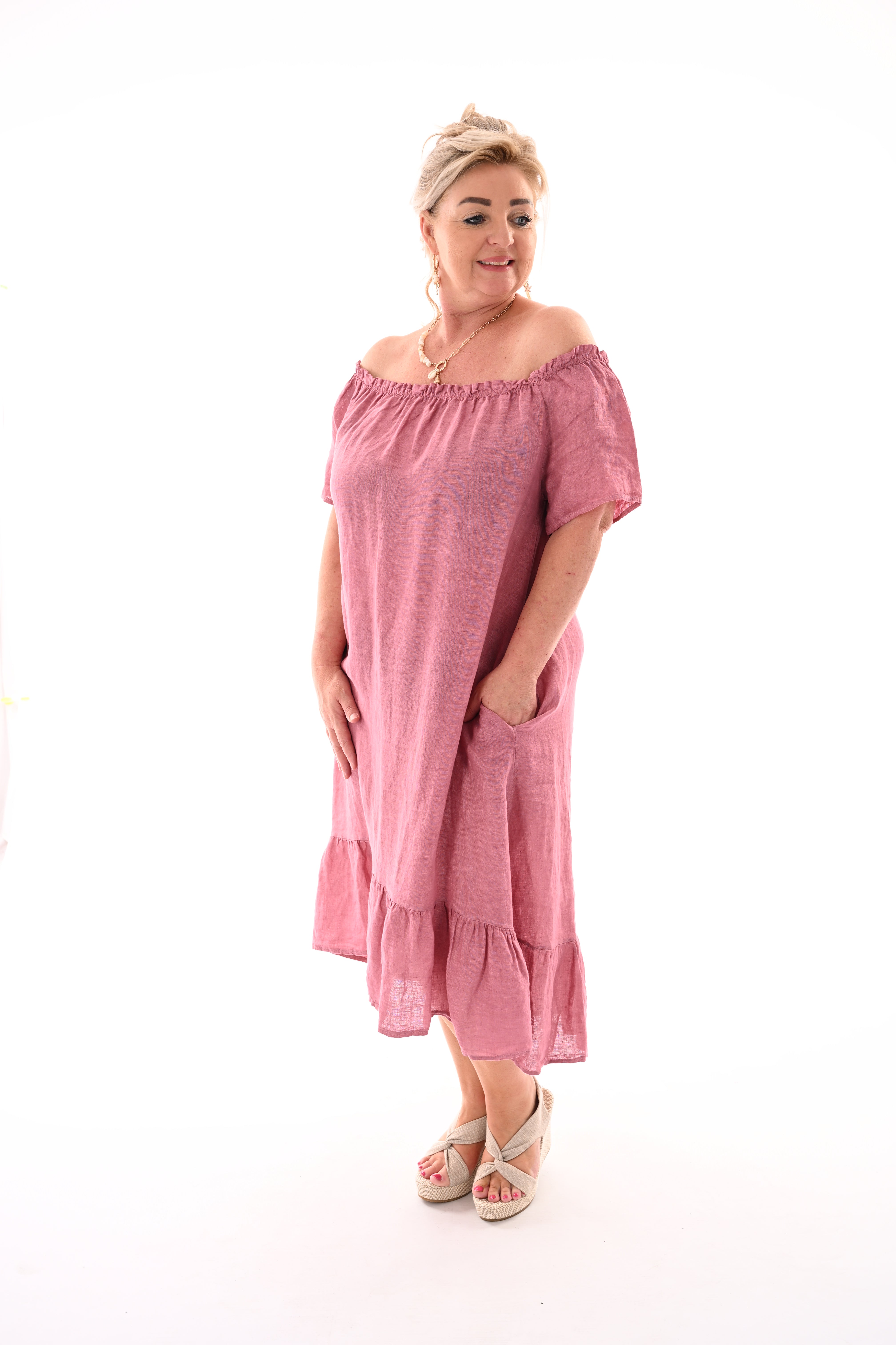 Jurk gesmockte randen korte mouwen uni mauve