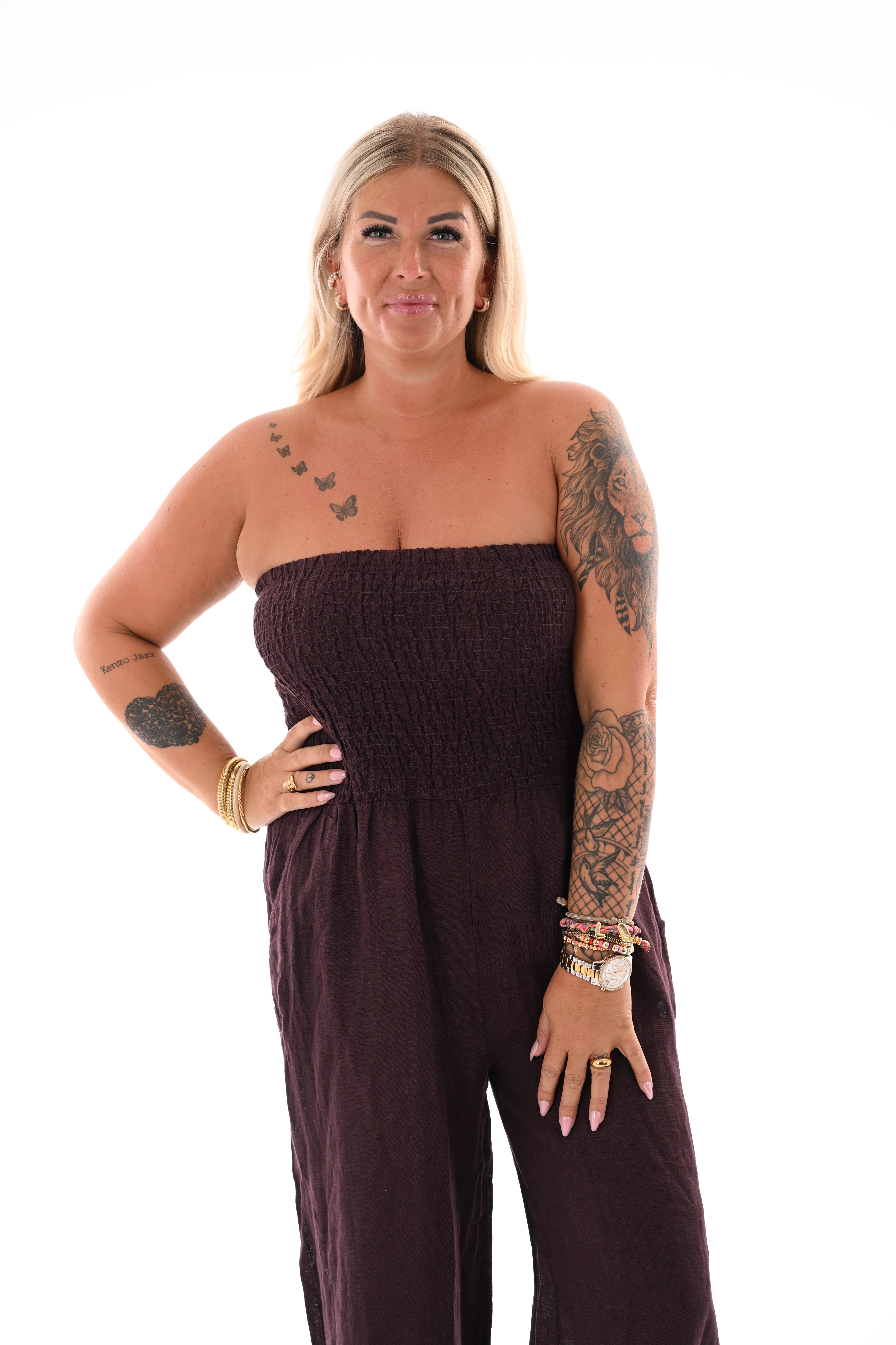 Off-shoulder jumpsuit smock detail aubergine
