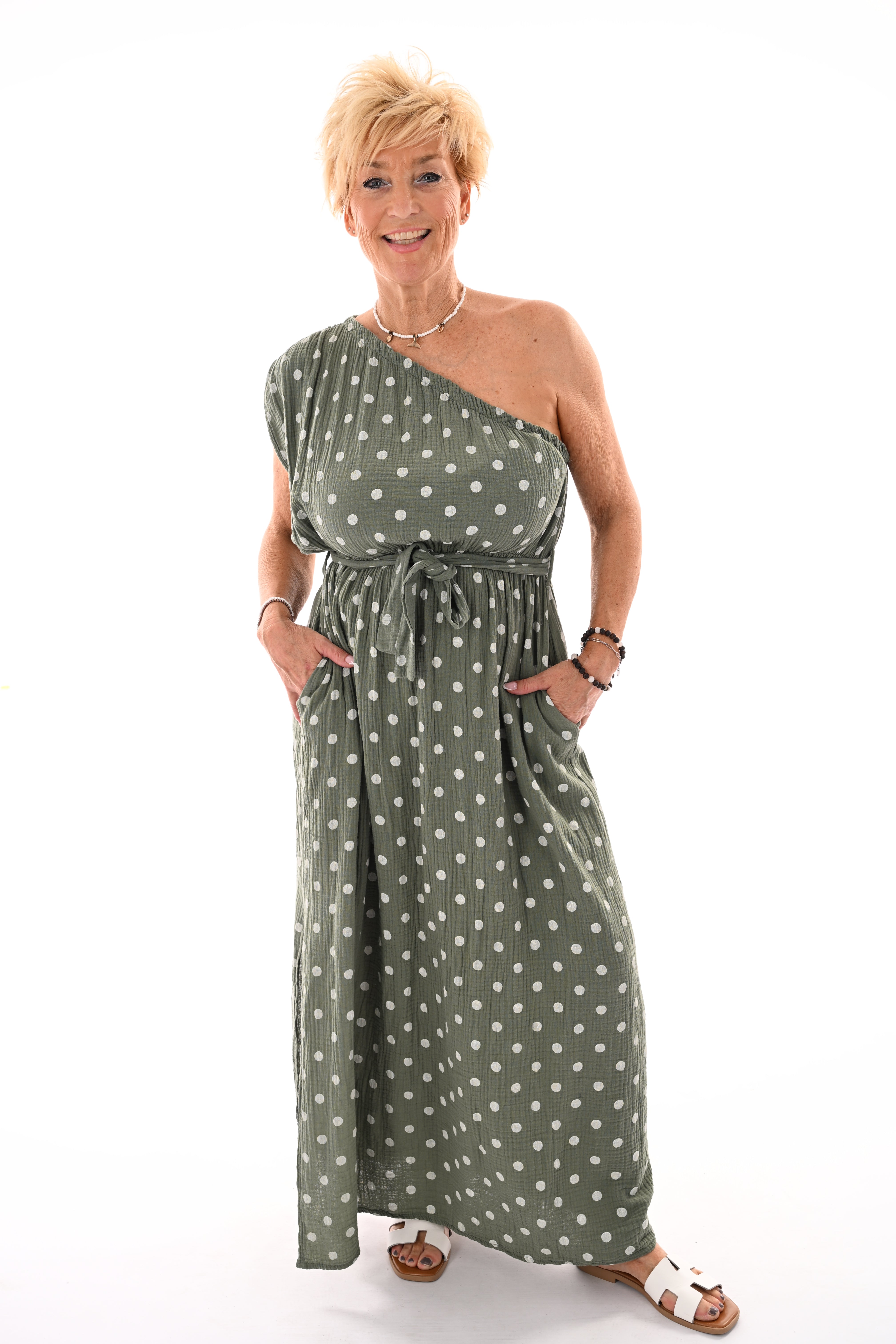 Jurk one-shoulder dots legergroen