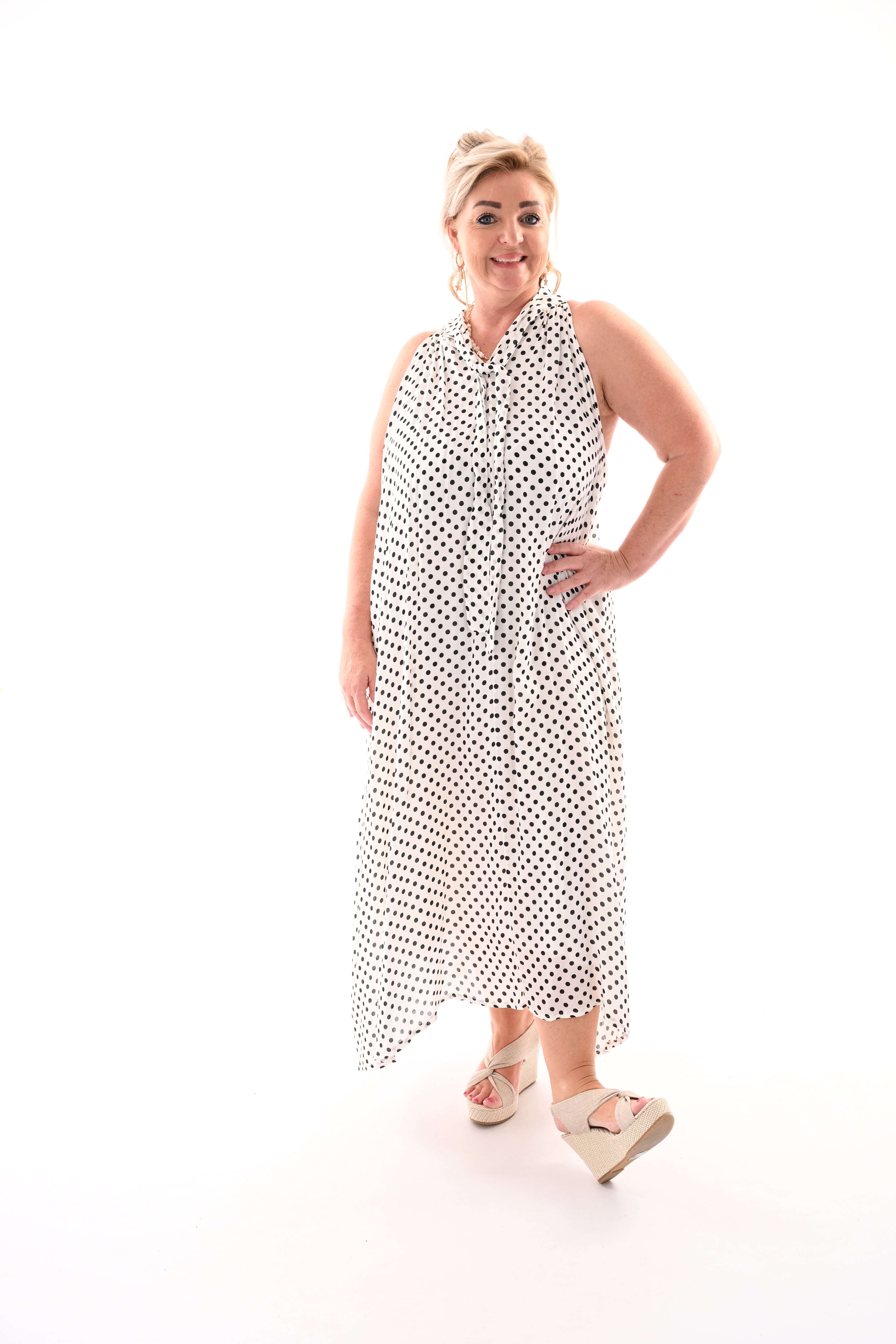 Halter jurk met strik en dots wit/zwart