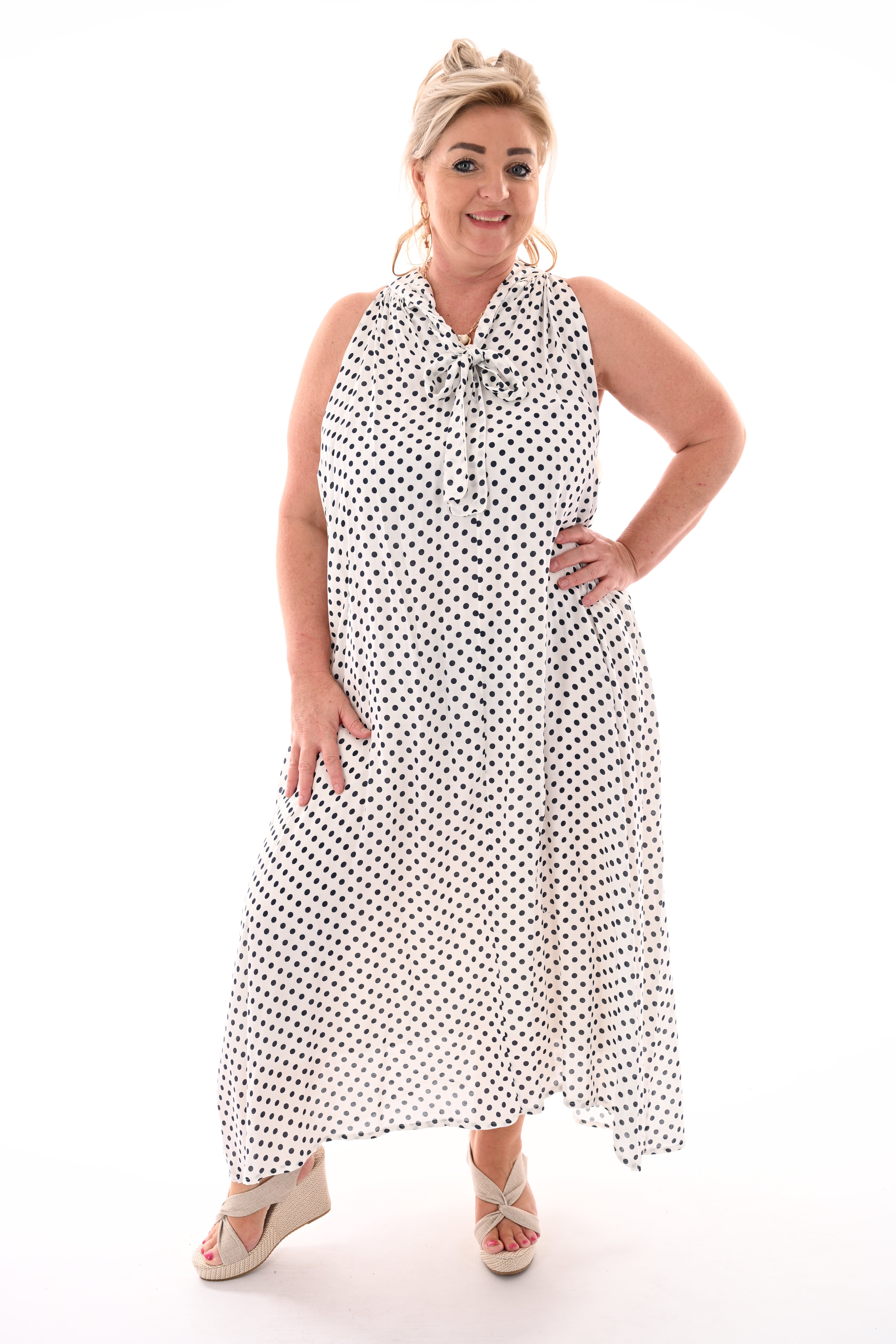 Halter jurk met strik en dots wit/marineblauw