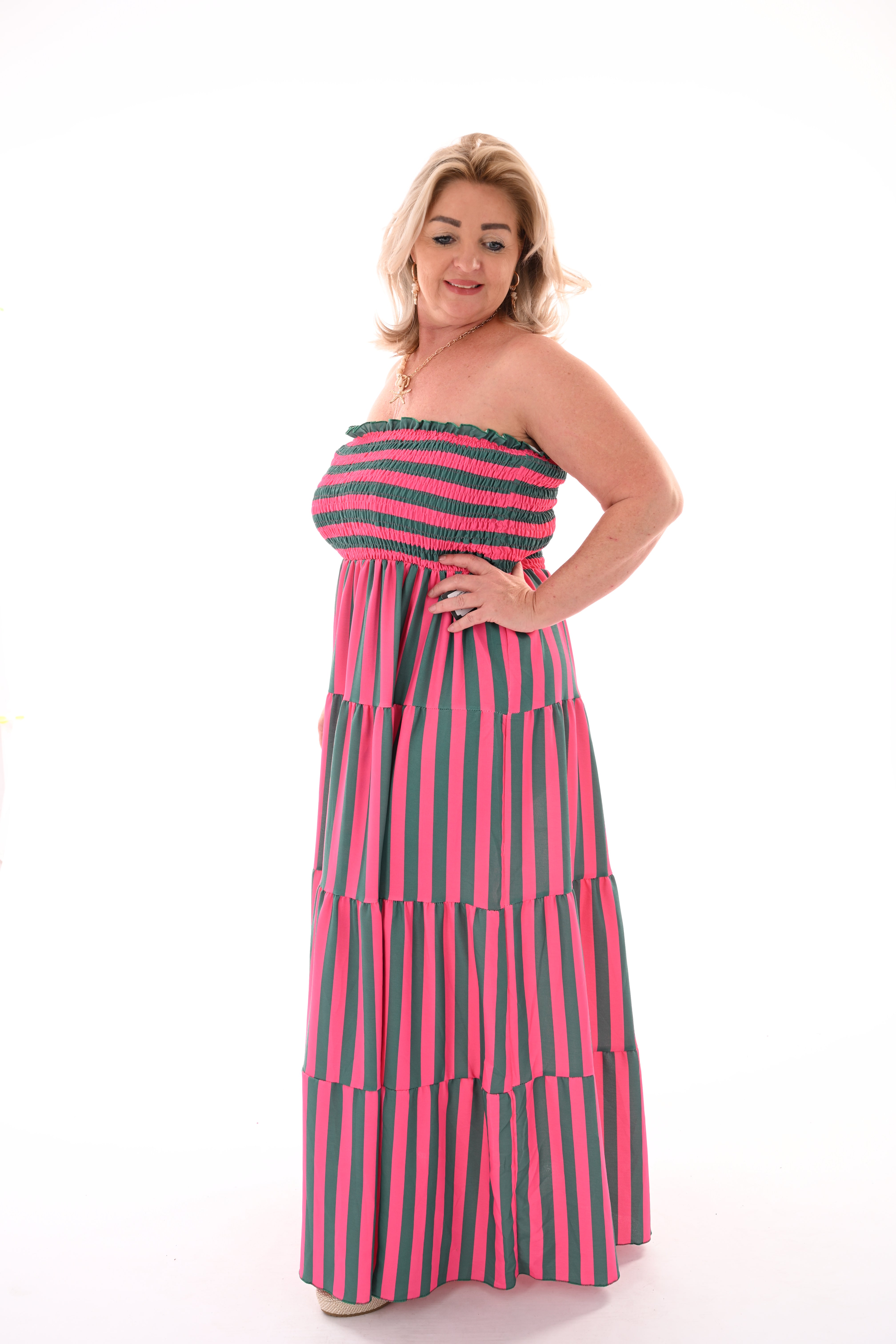 Off-shoulder jurk strepen en stroken donkerroze/groen