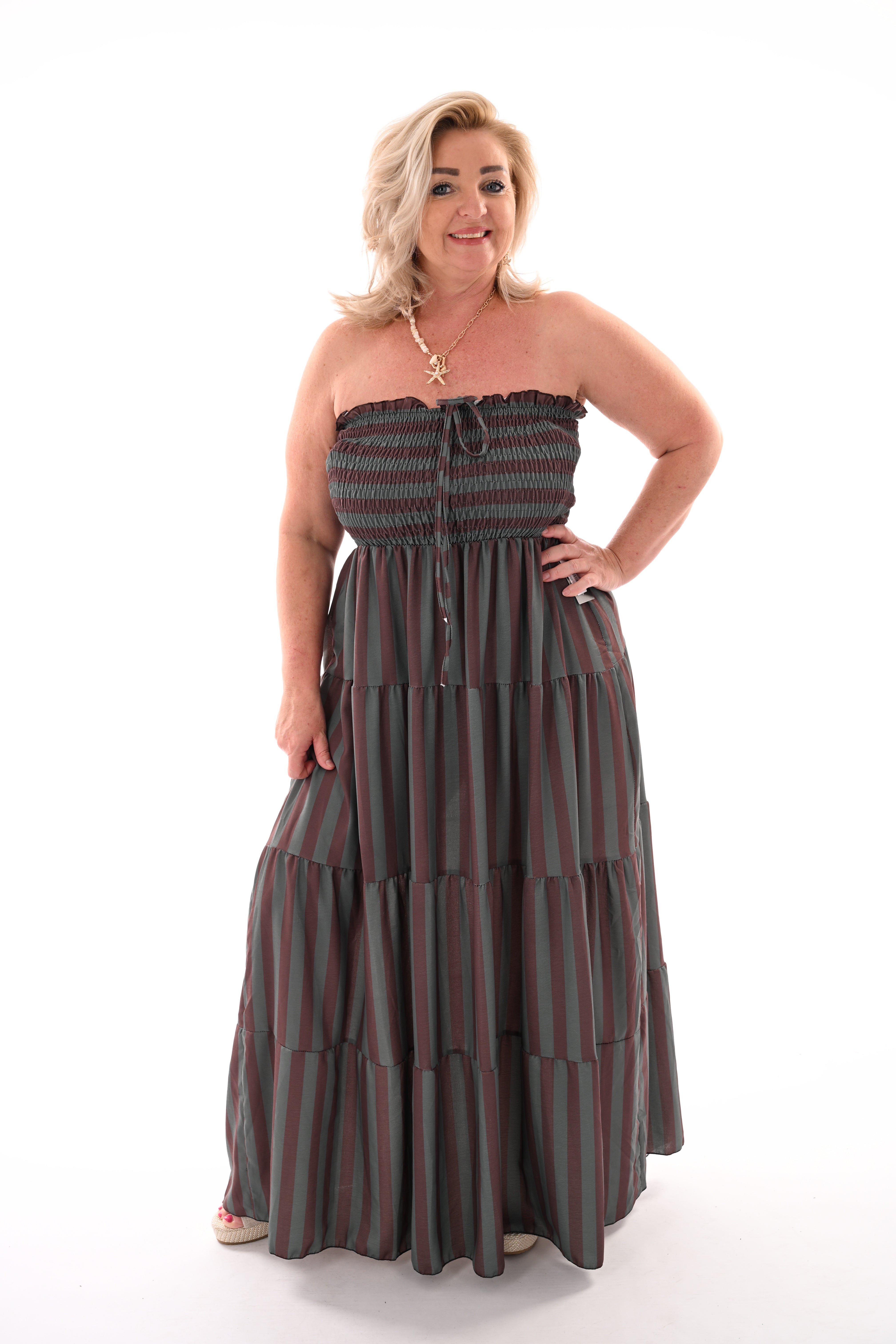 Off-shoulder jurk strepen en stroken donkergroen/bruin