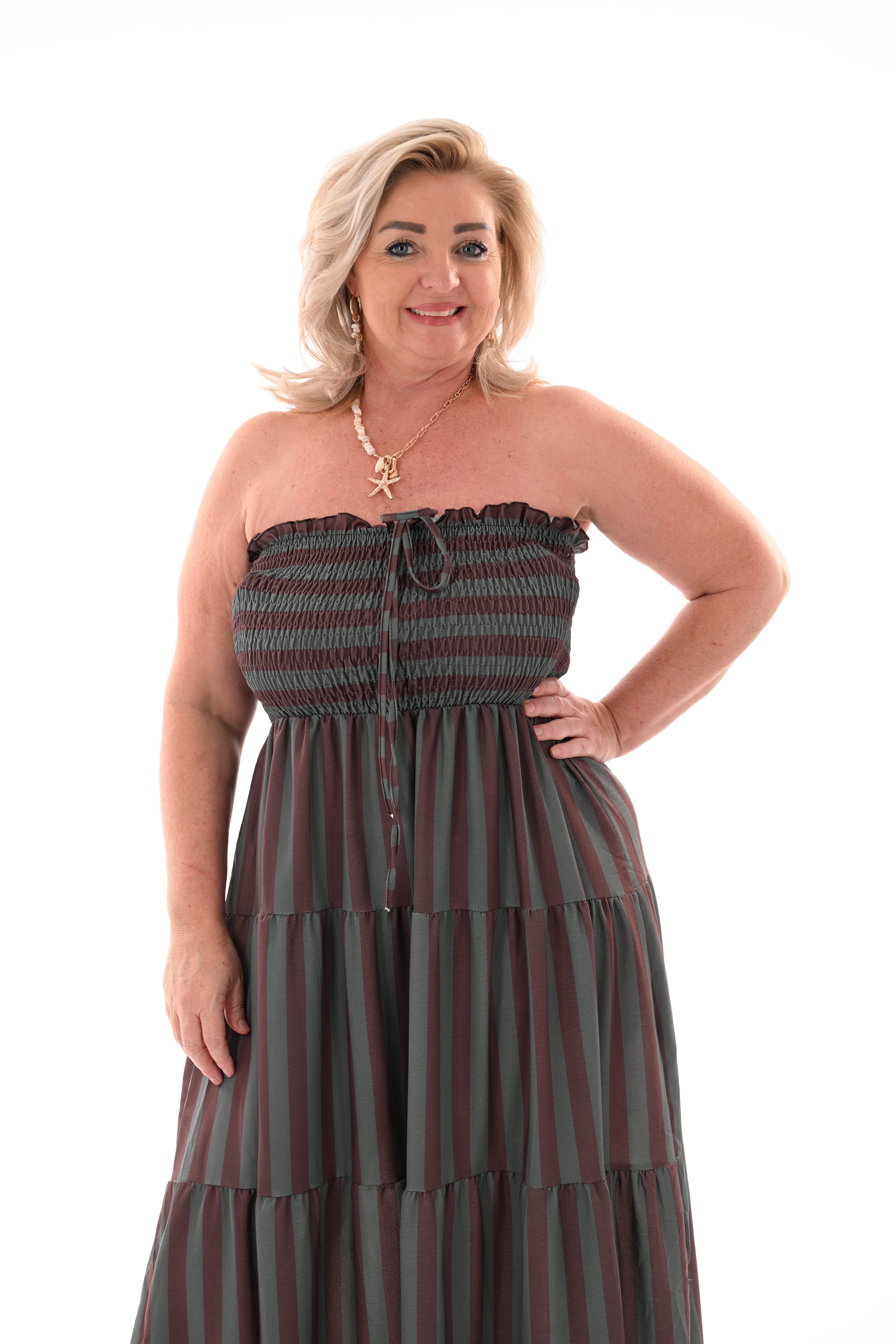 Off-shoulder jurk strepen en stroken donkergroen/bruin
