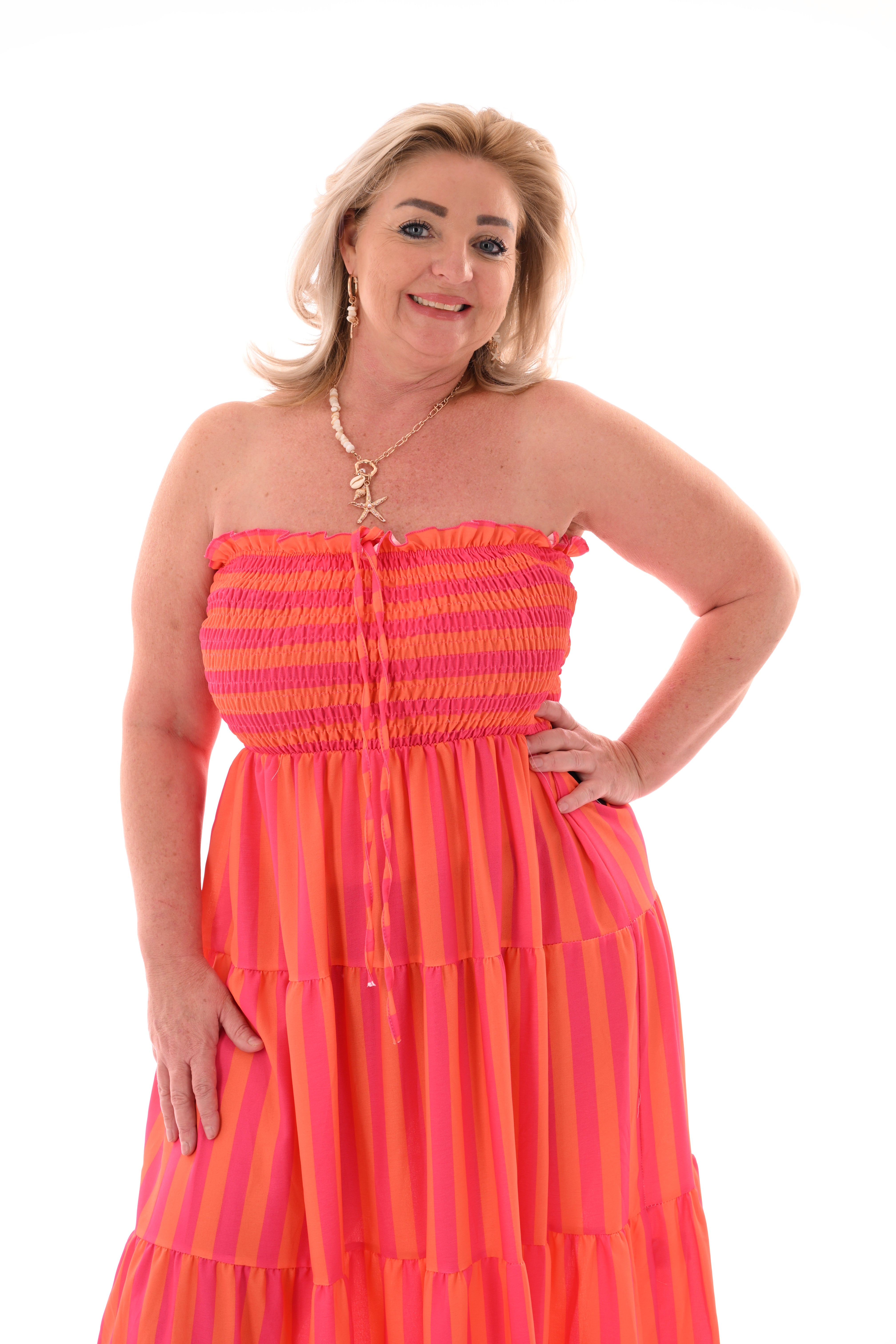 Off-shoulder jurk strepen en stroken oranje/felroze