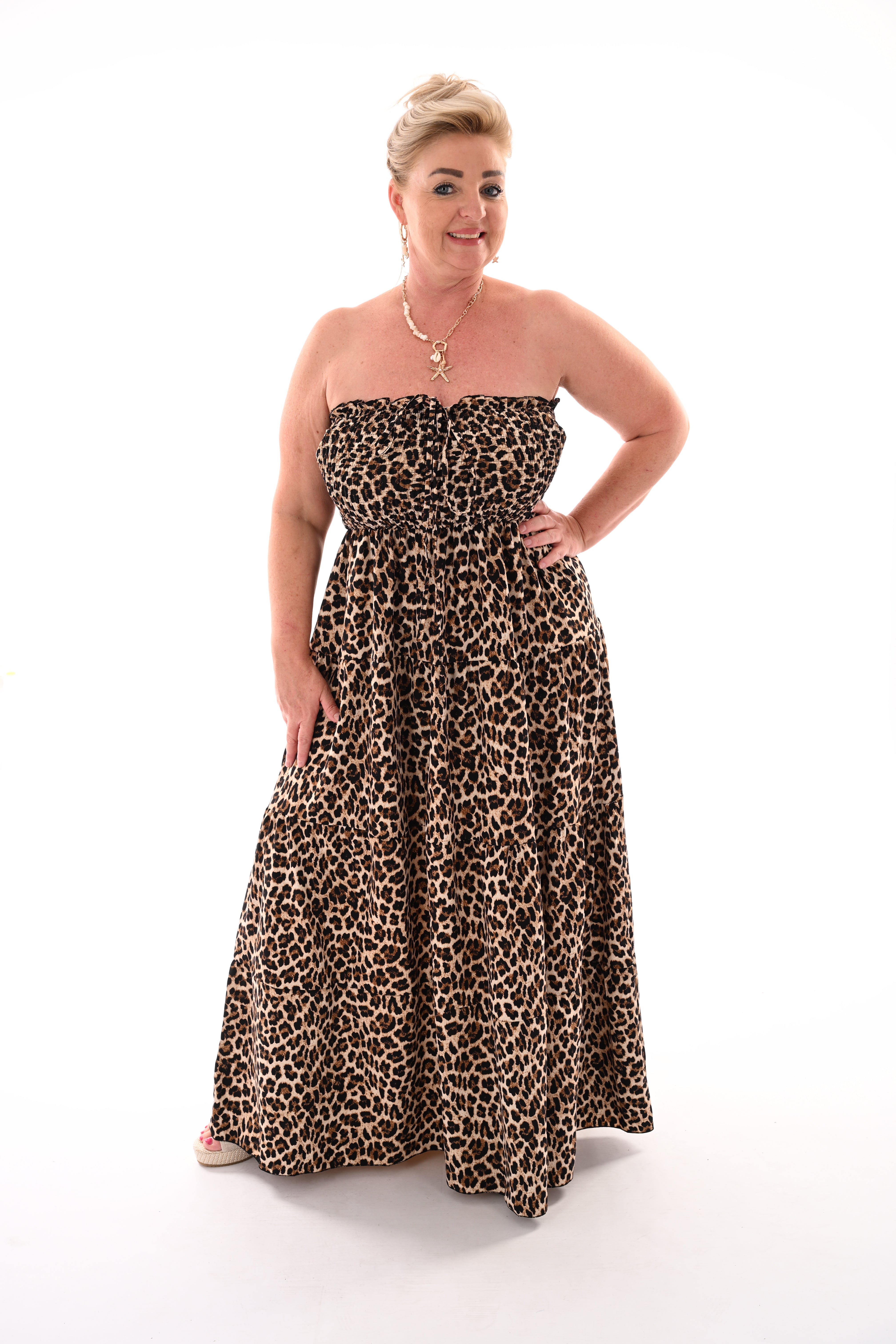 Off-shoulder jurk panter beige/zwart