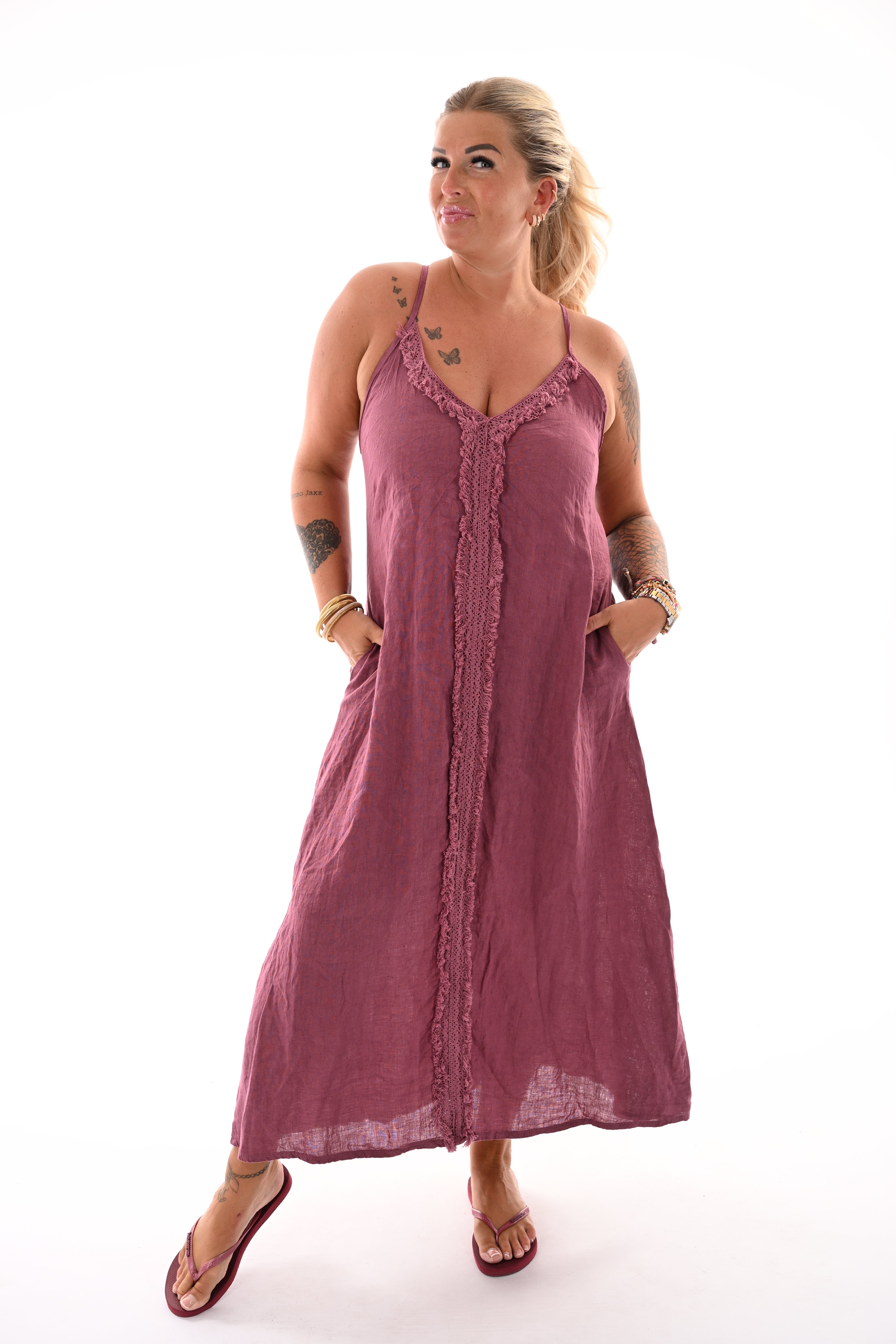 Lange jurk rafel rand mauve