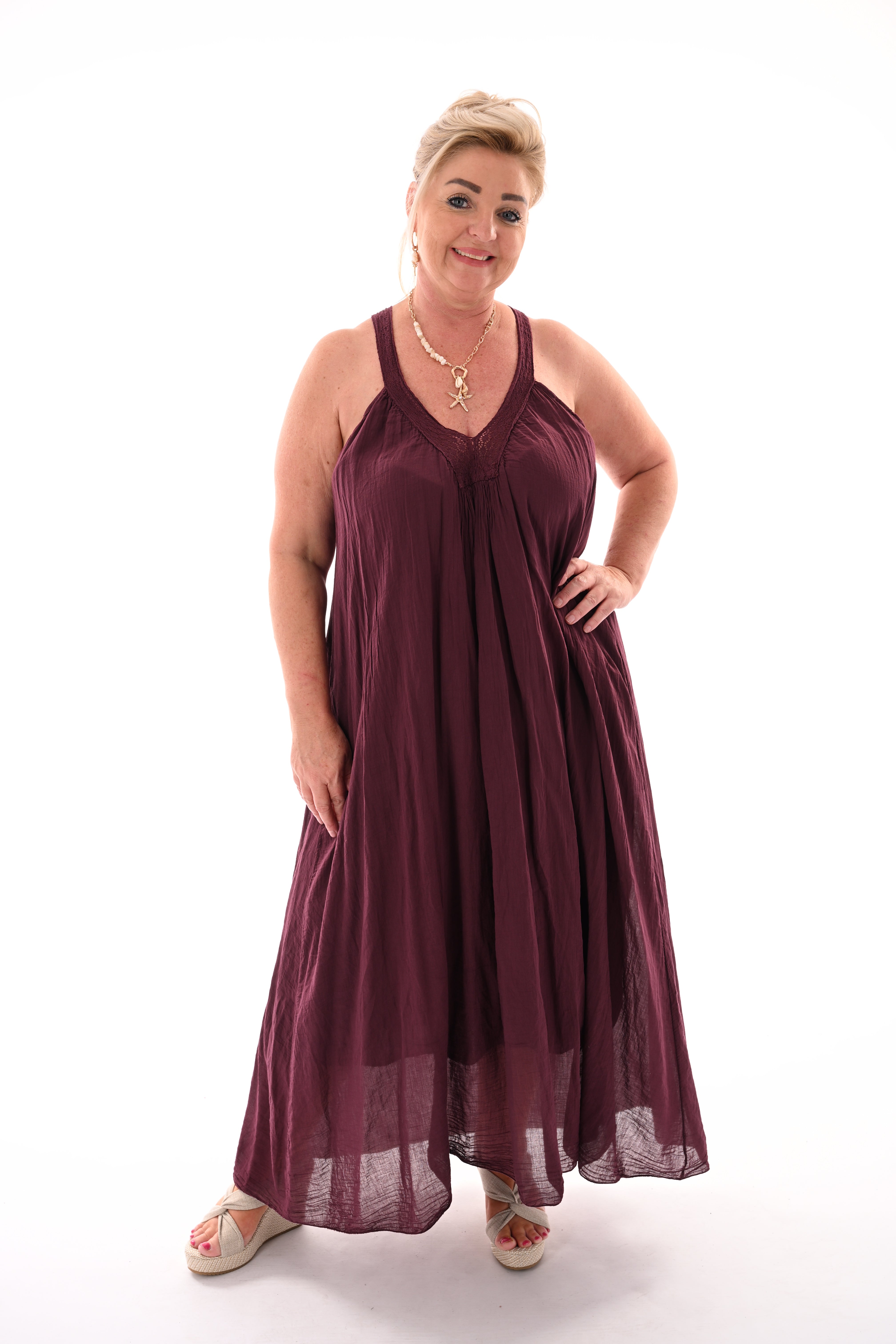 Lange jurk kanten bandjes aubergine