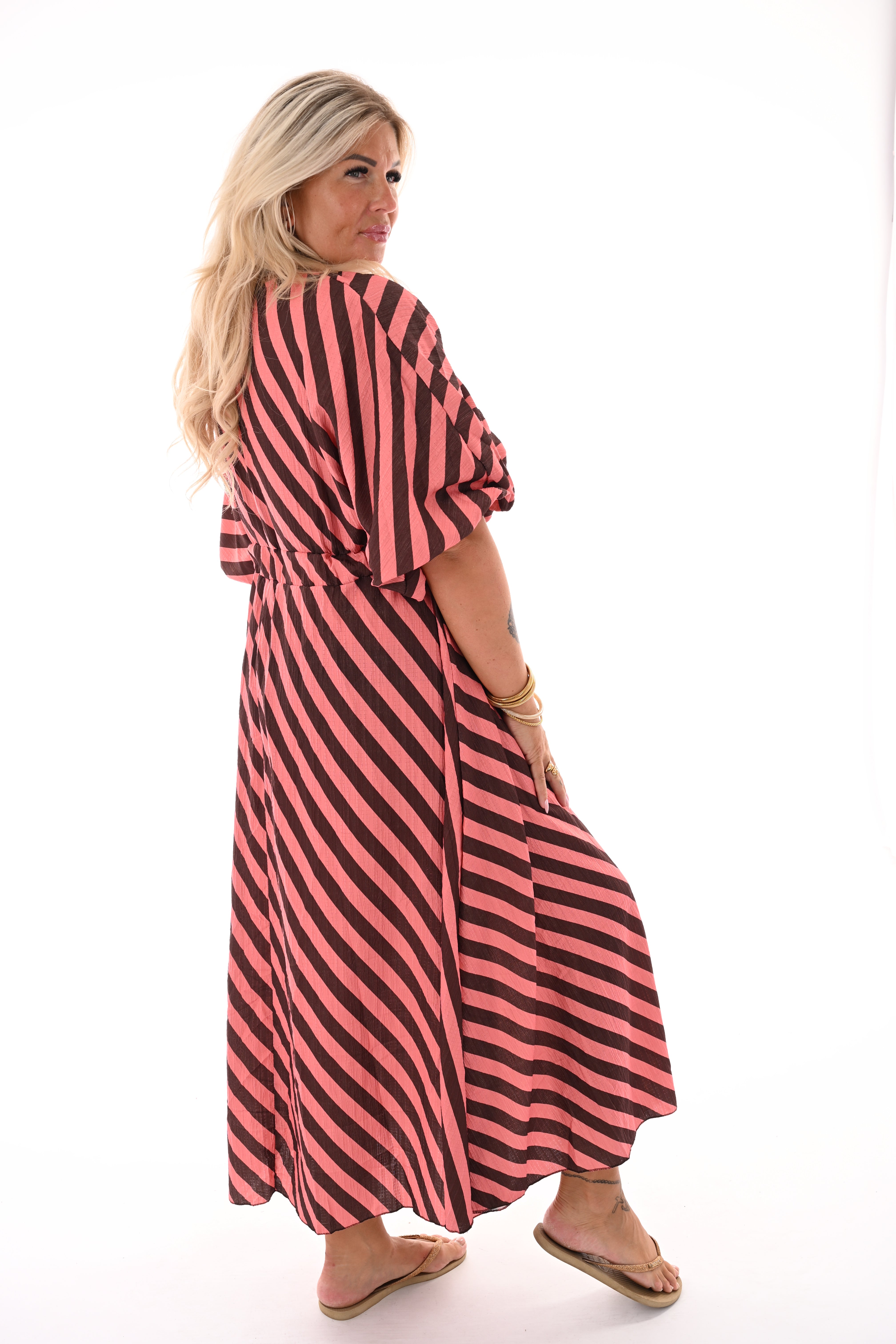 Lange jurk v-hals smock strepen bruin/roze