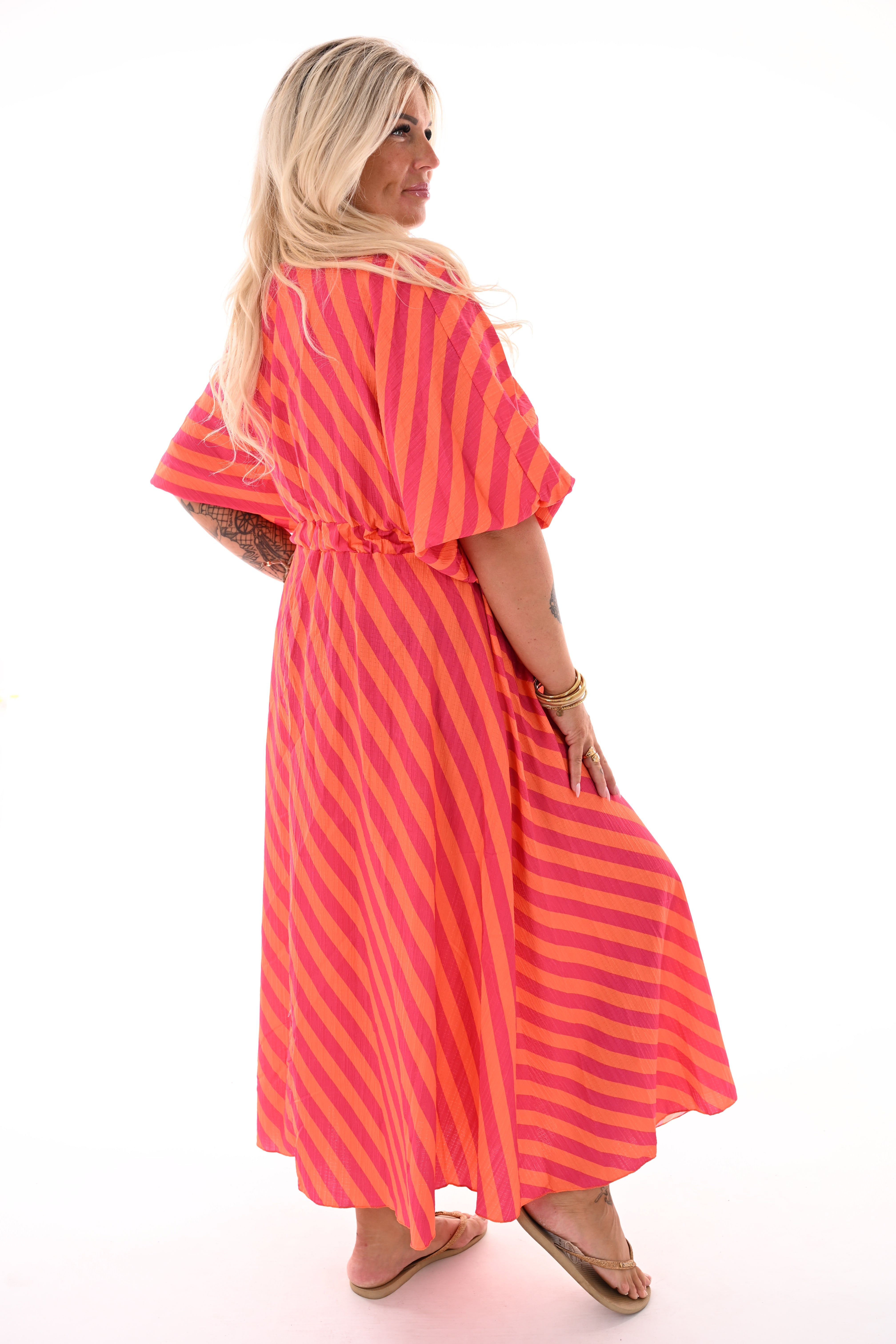 Lange jurk v-hals smock strepen oranje/fuchsia