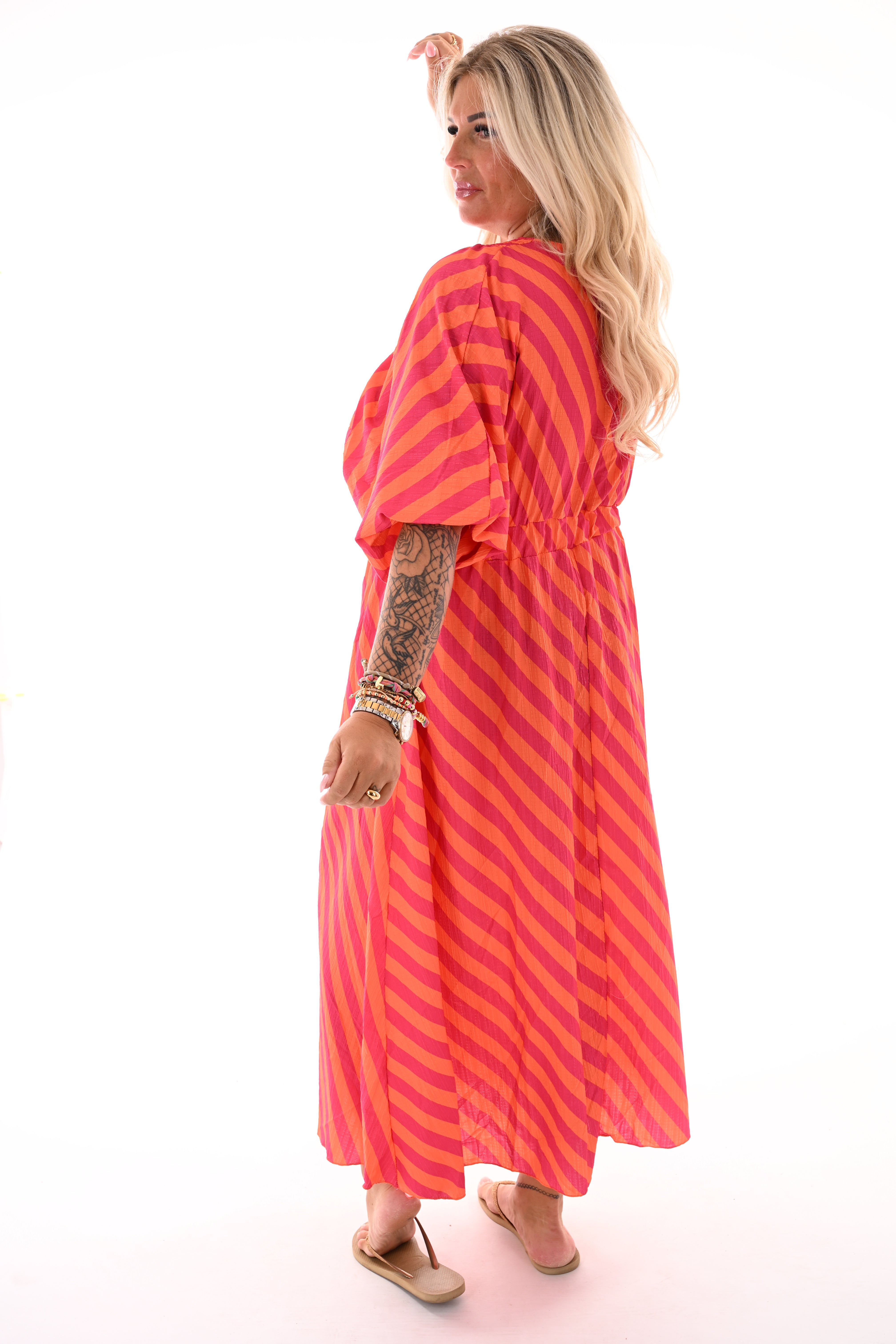 Lange jurk v-hals smock strepen oranje/fuchsia