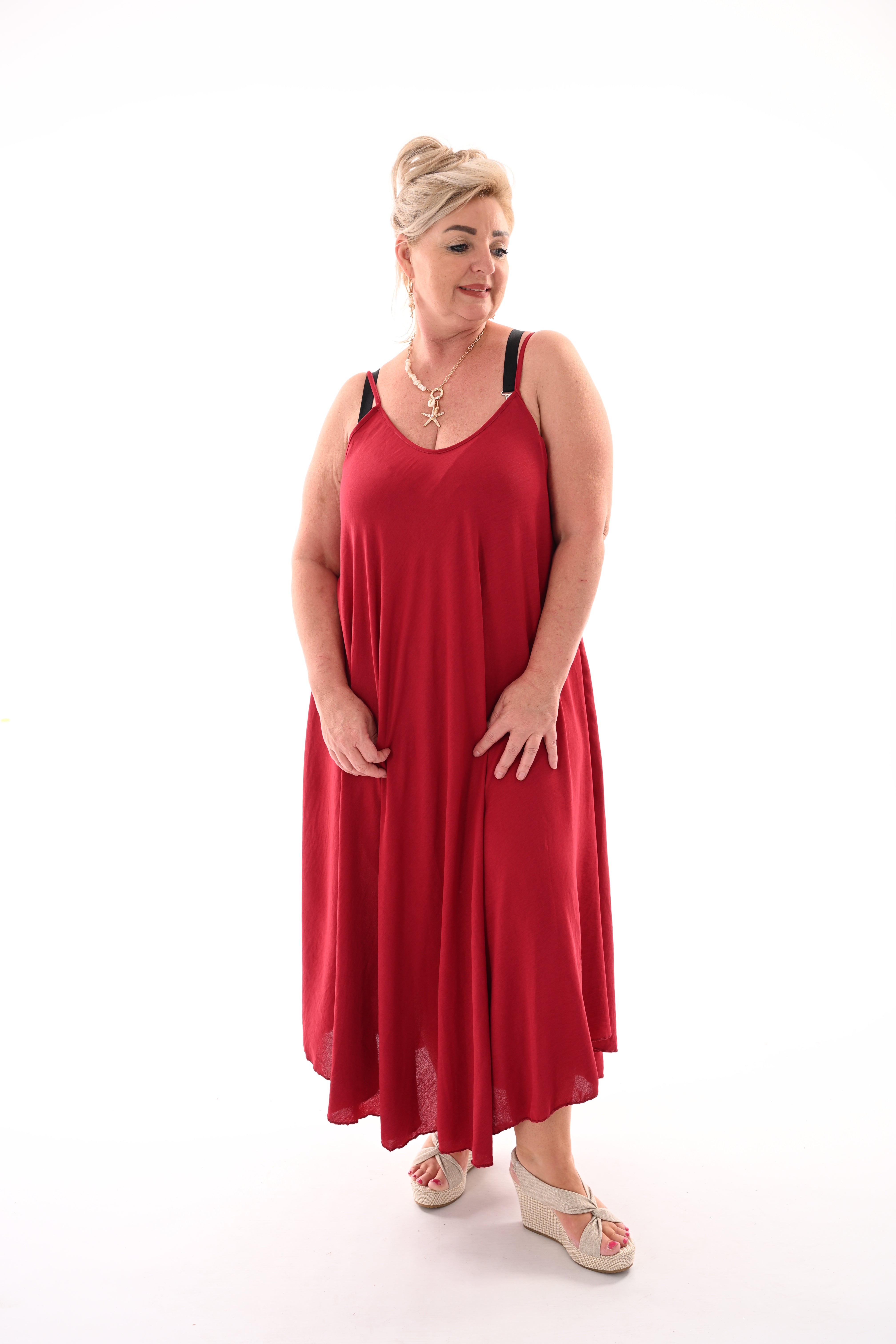 Lange jurk spaghetti bandjes v-hals rood