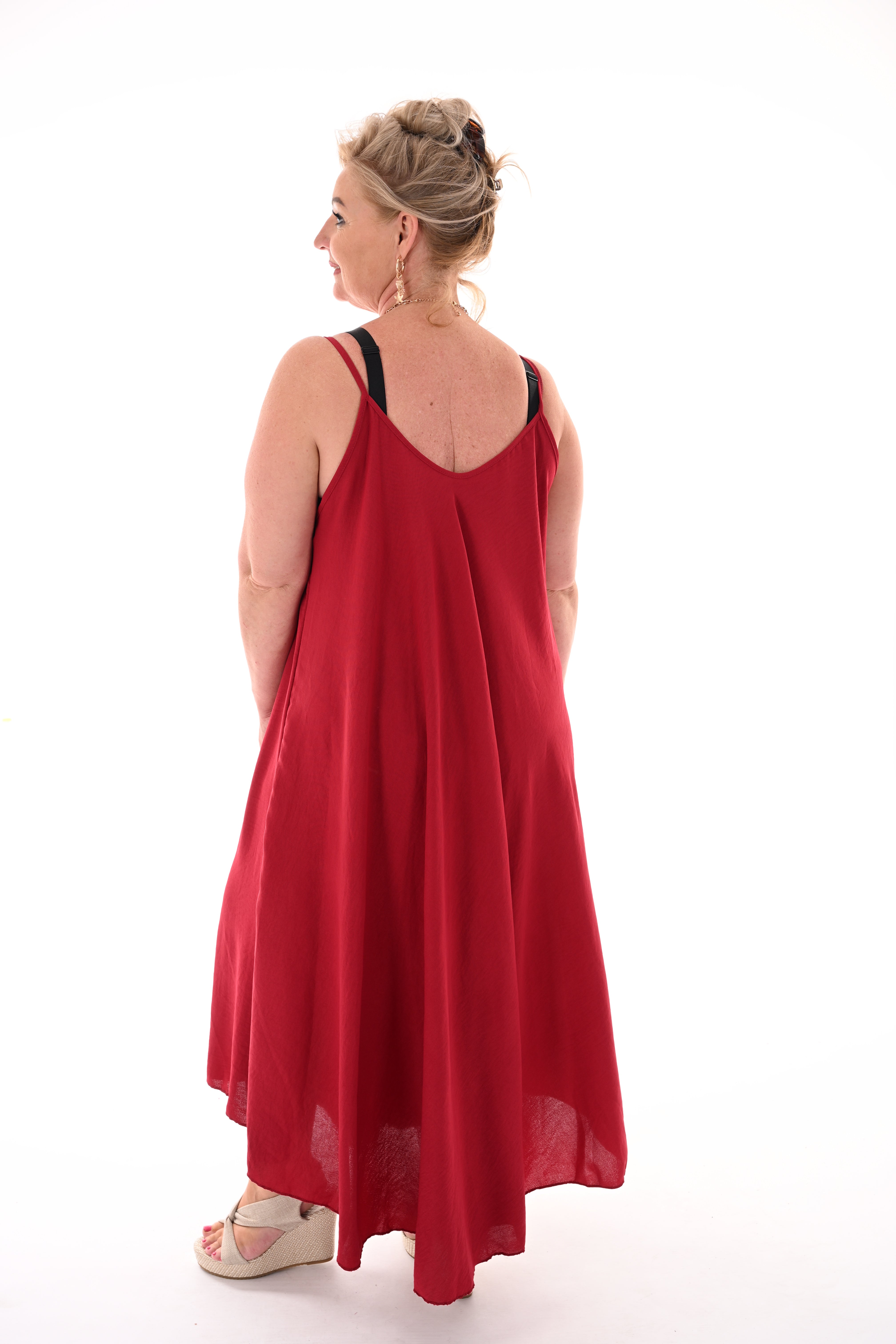 Lange jurk spaghetti bandjes v-hals rood