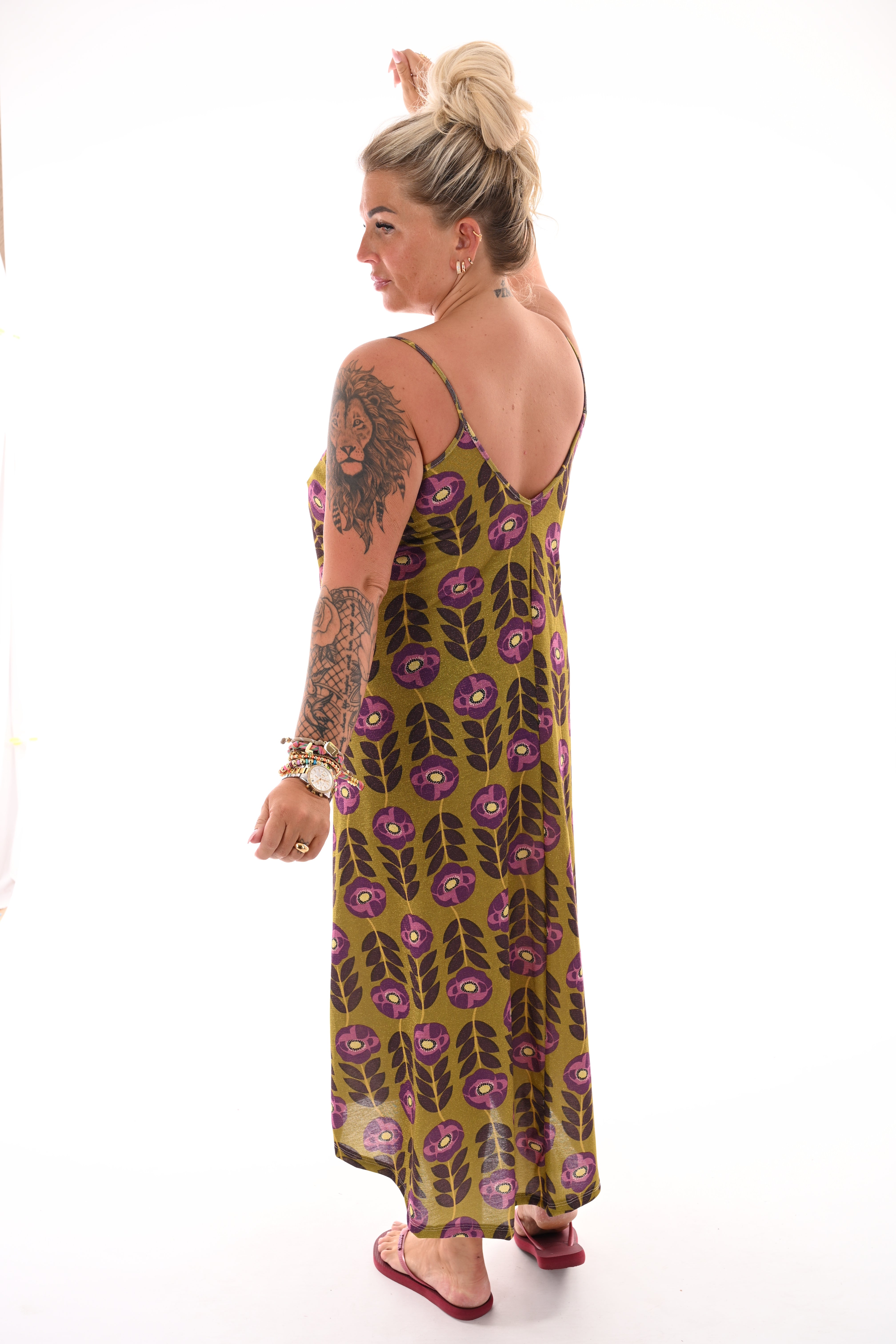 Jurk v-hals spaghetti bandjes bloemen lime