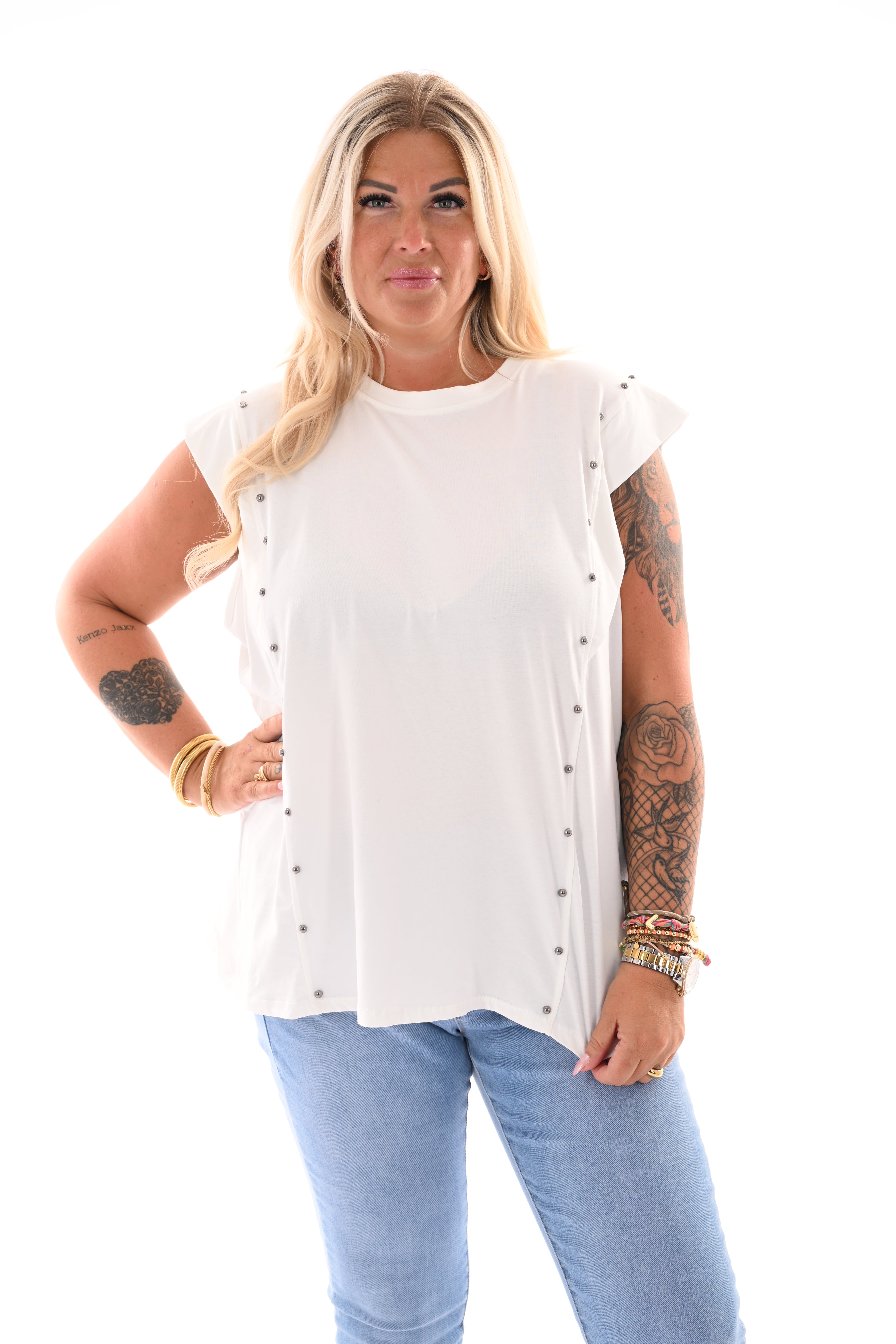 Top kapmouwen studs wit