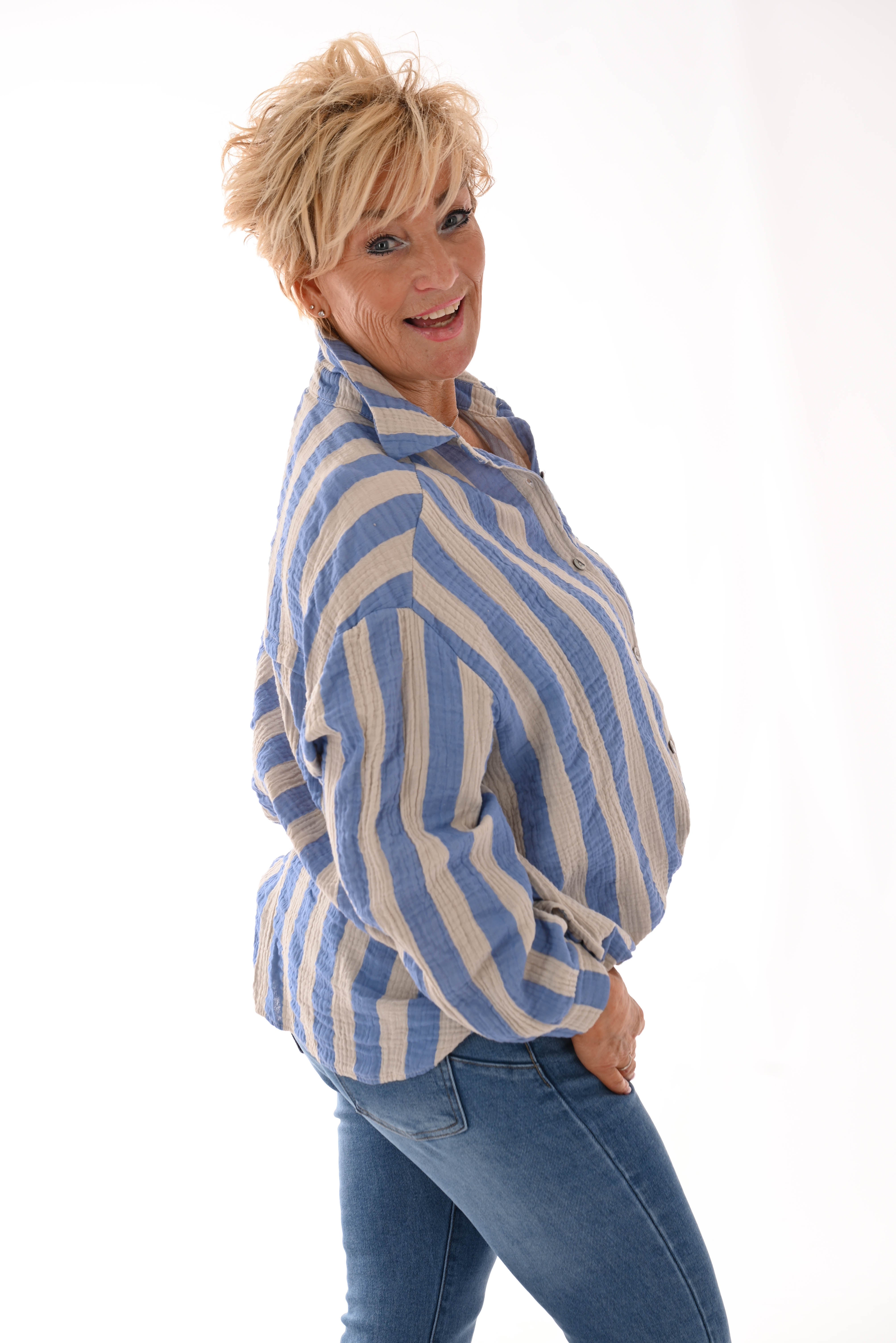 Blouse wafel brede strepen jeansblauw/beige