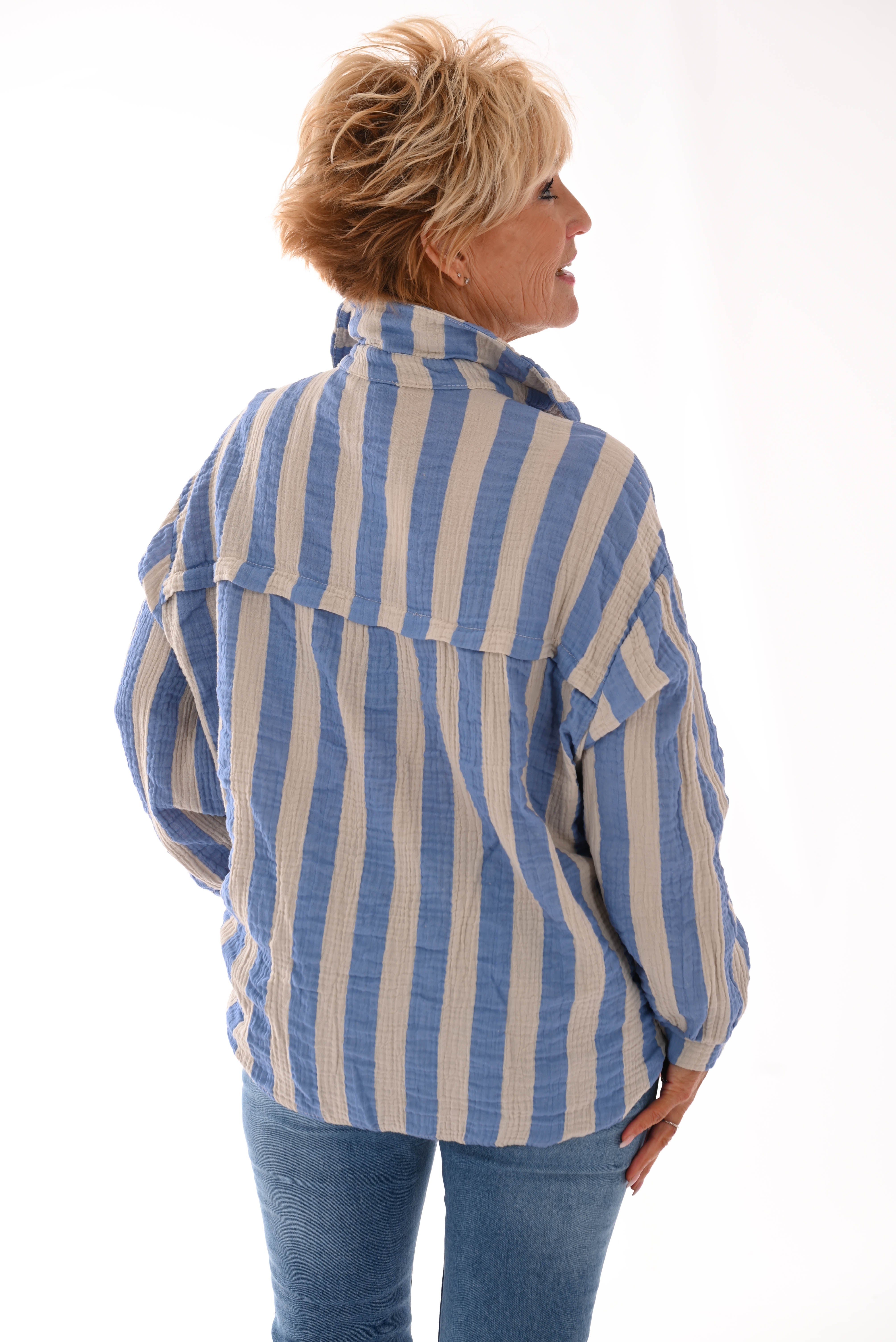 Blouse wafel brede strepen jeansblauw/beige