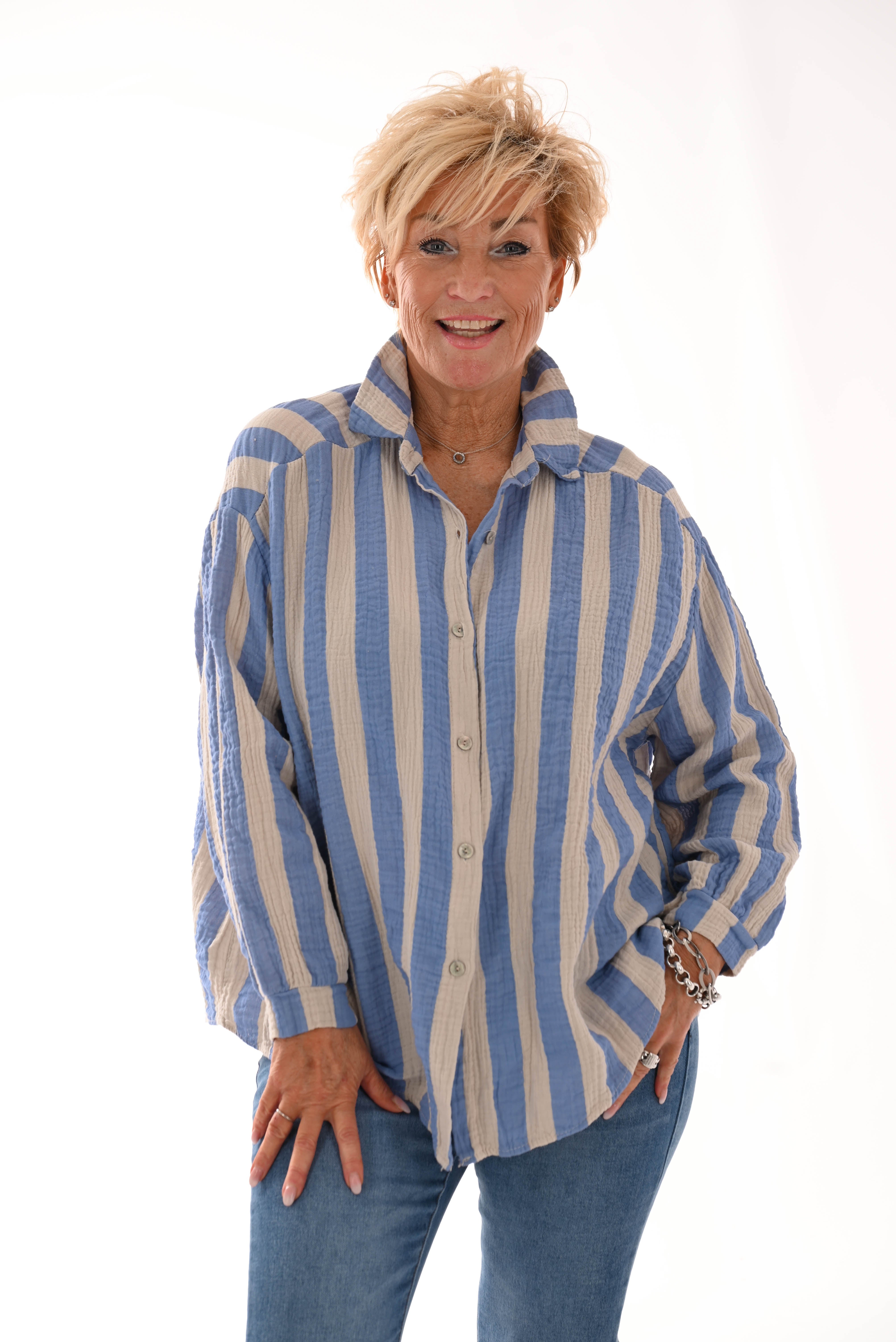 Blouse wafel brede strepen jeansblauw/beige