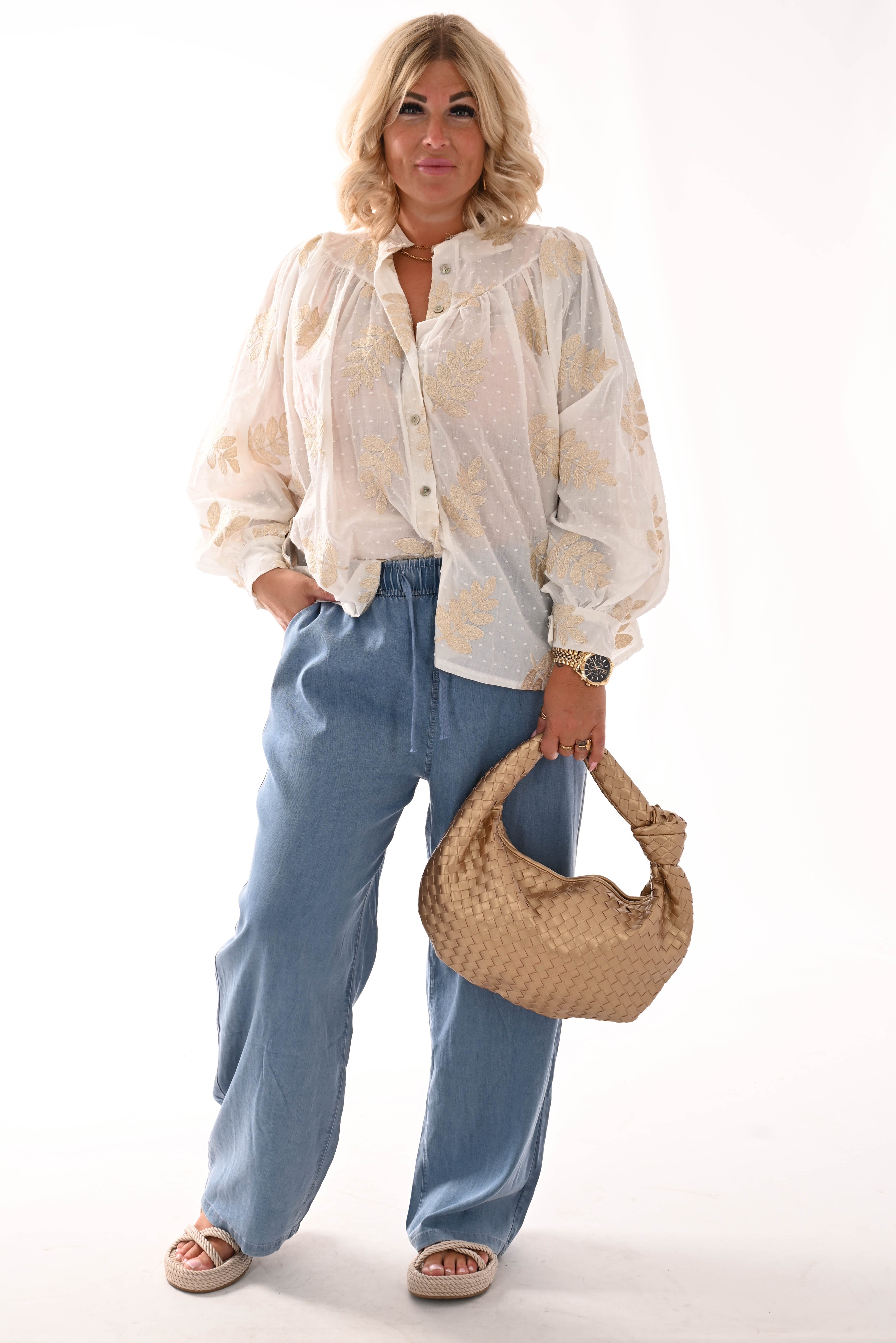 Blouse bladeren wit/goud