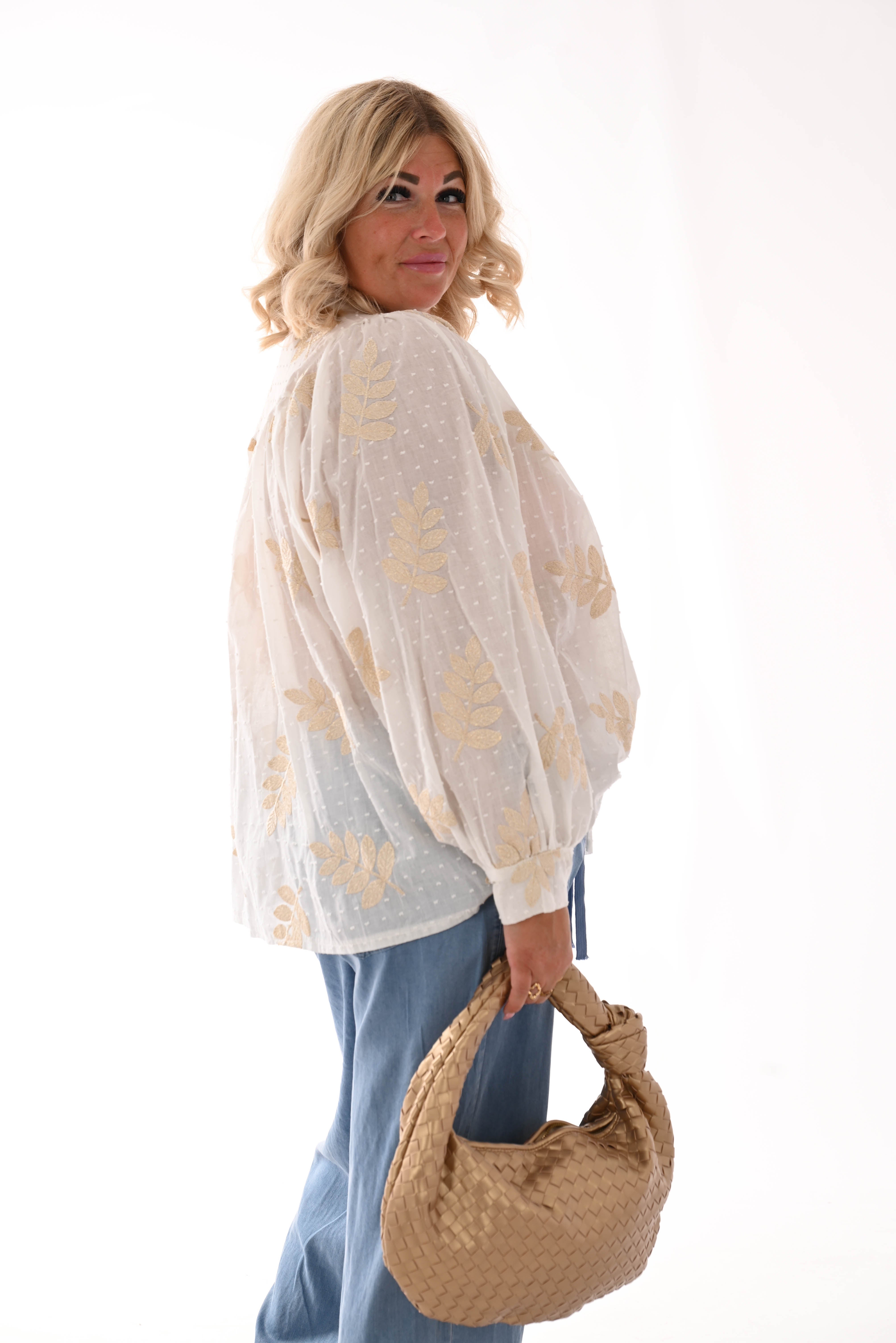 Blouse bladeren wit/goud