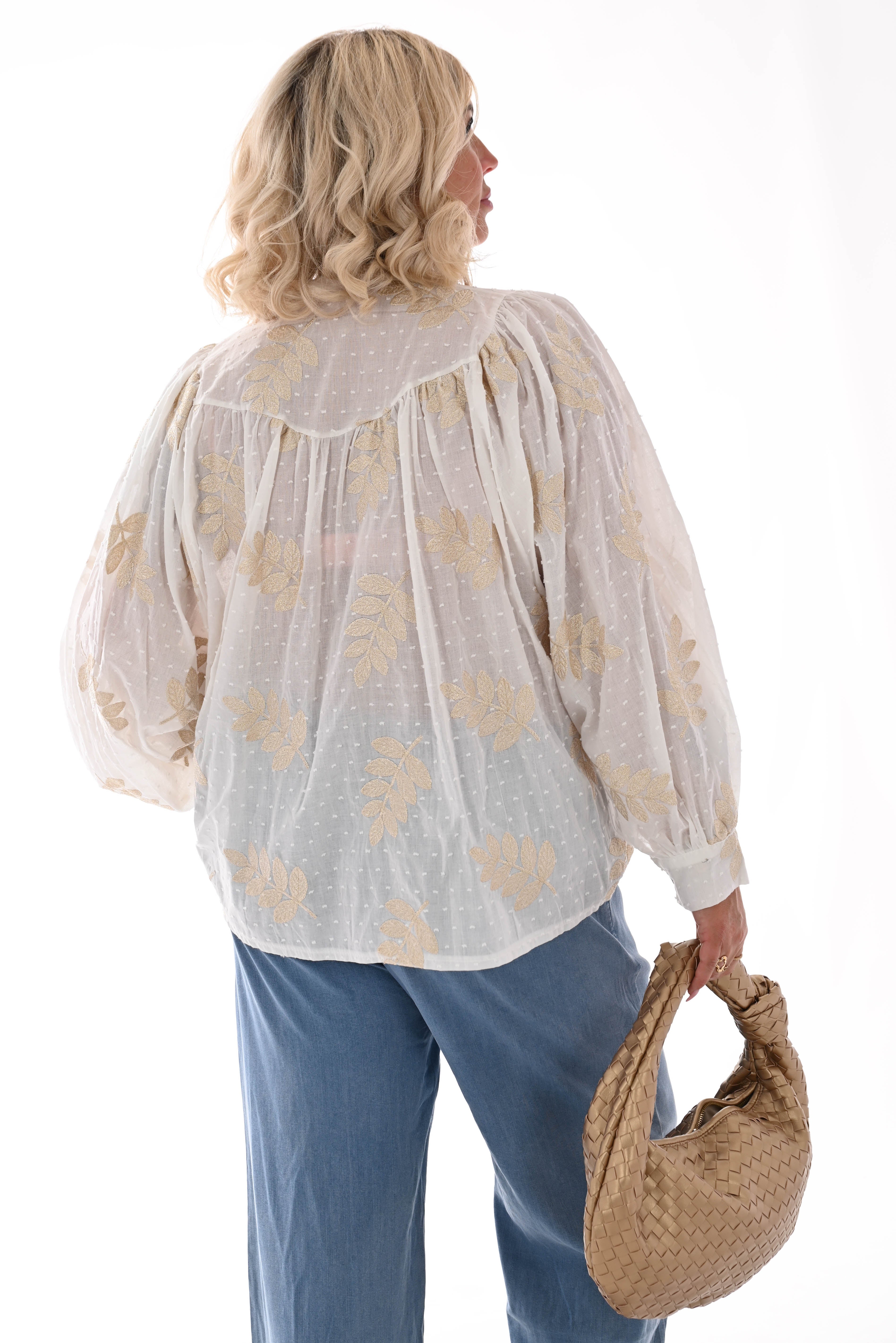 Blouse bladeren wit/goud