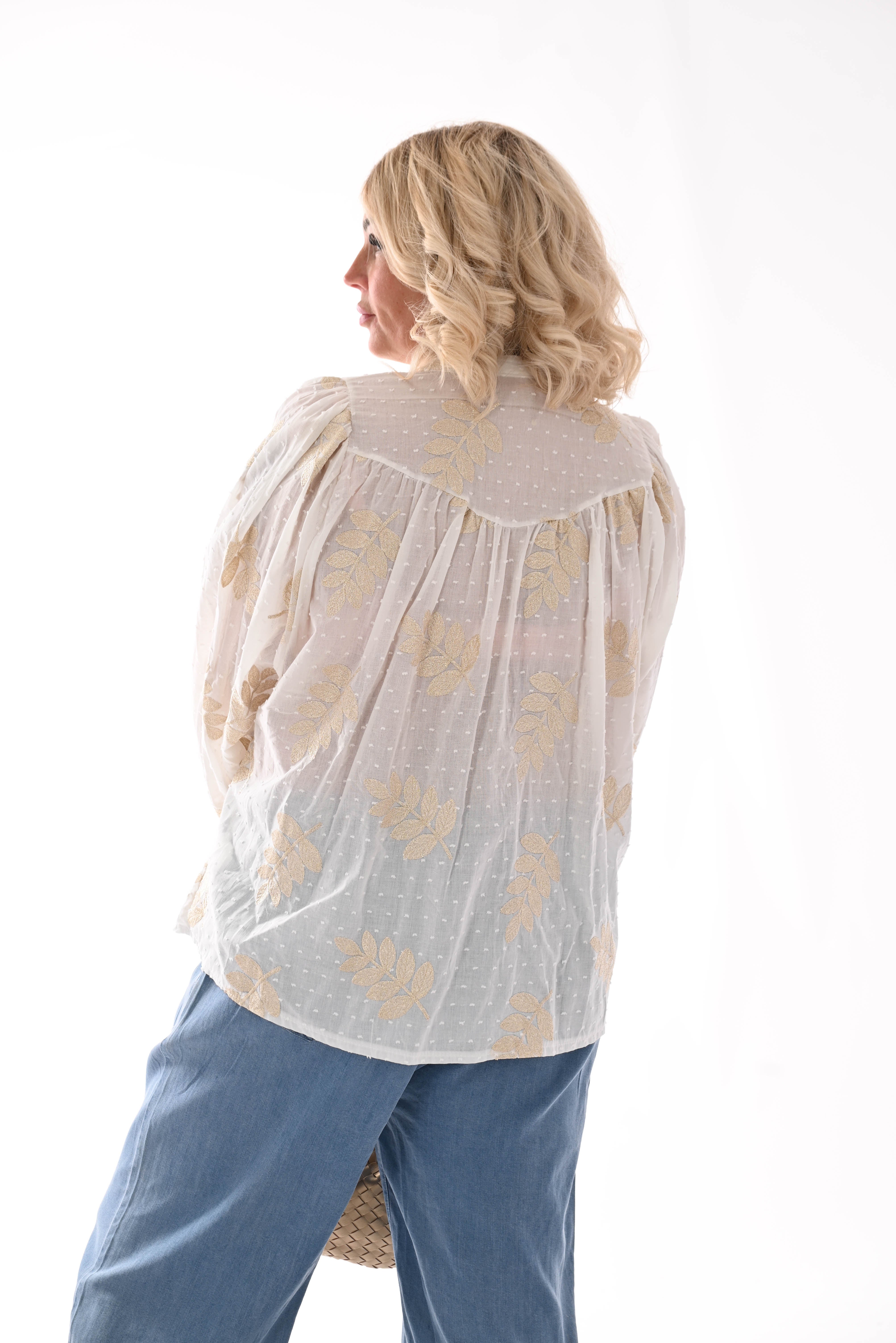 Blouse bladeren wit/goud