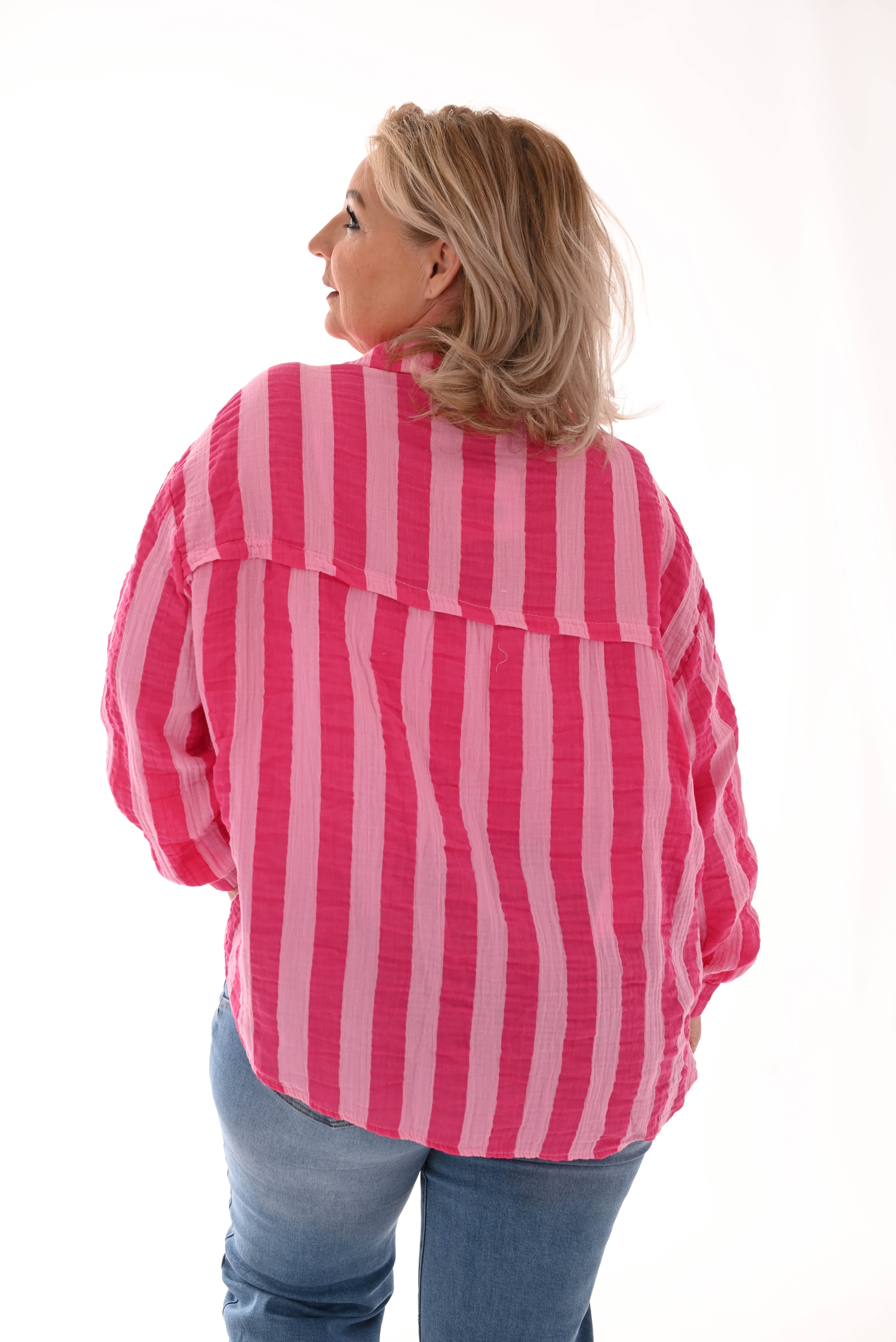Blouse wafel brede strepen fuchsia/roze