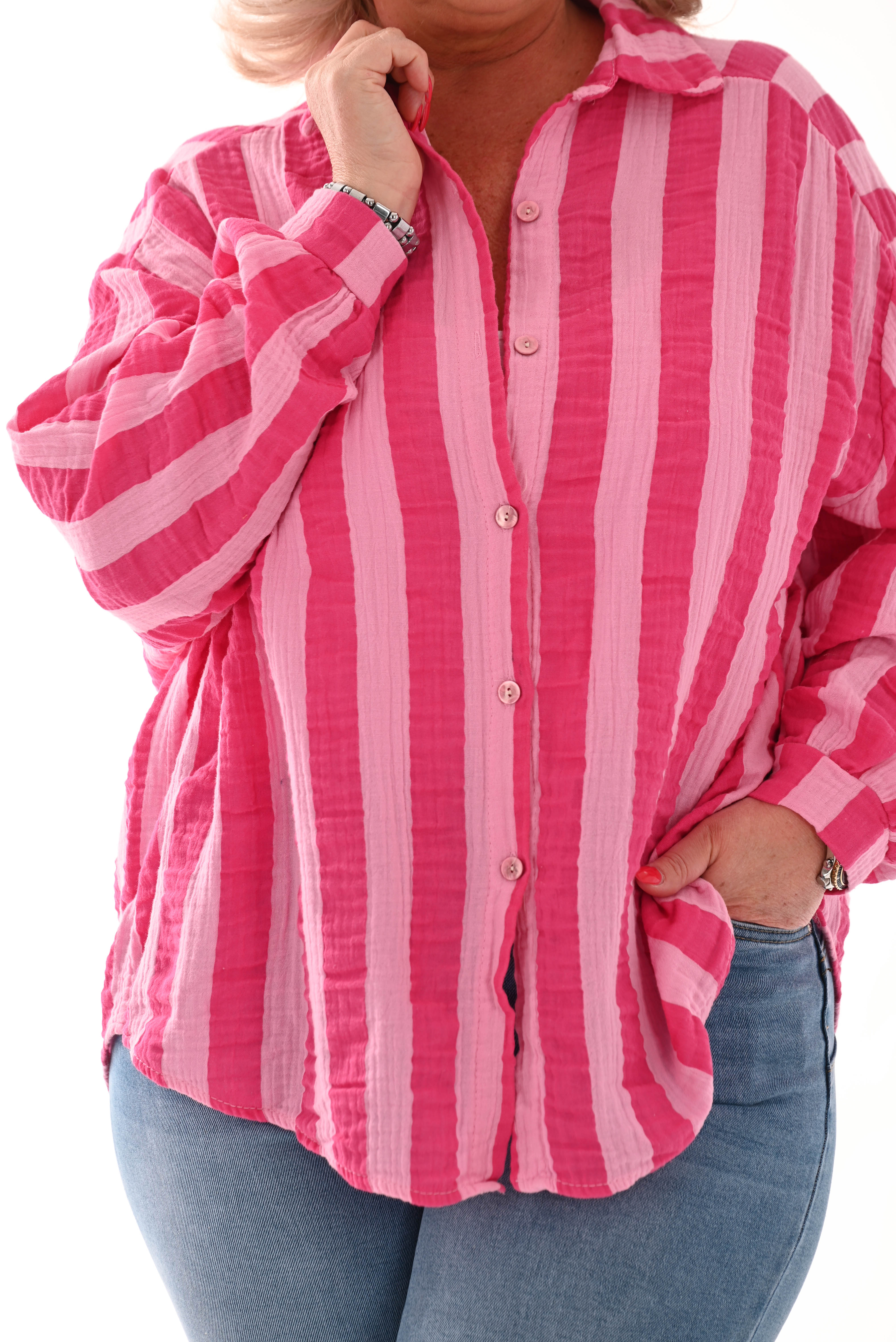 Blouse wafel brede strepen fuchsia/roze