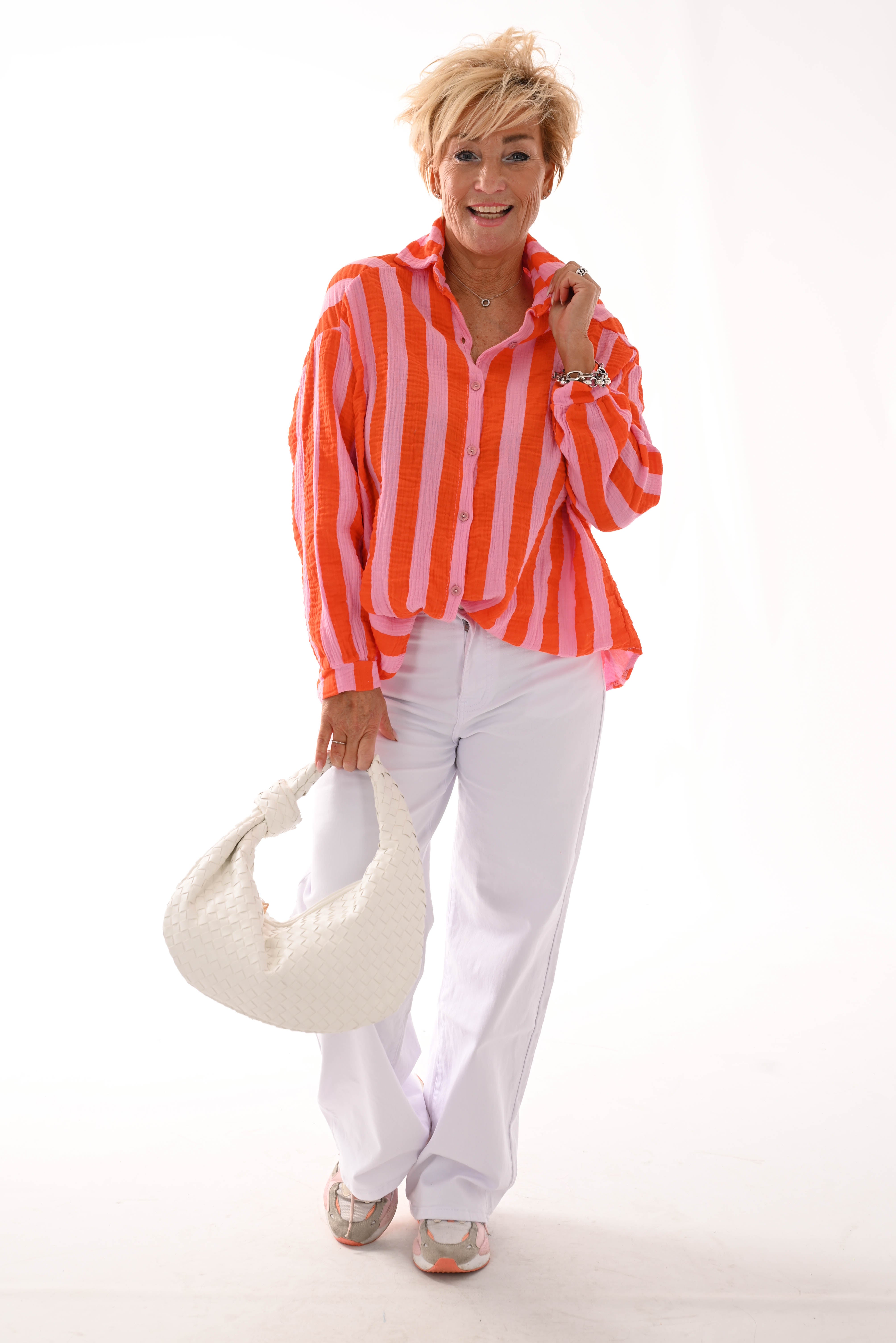 Blouse wafel brede strepen oranje/roze
